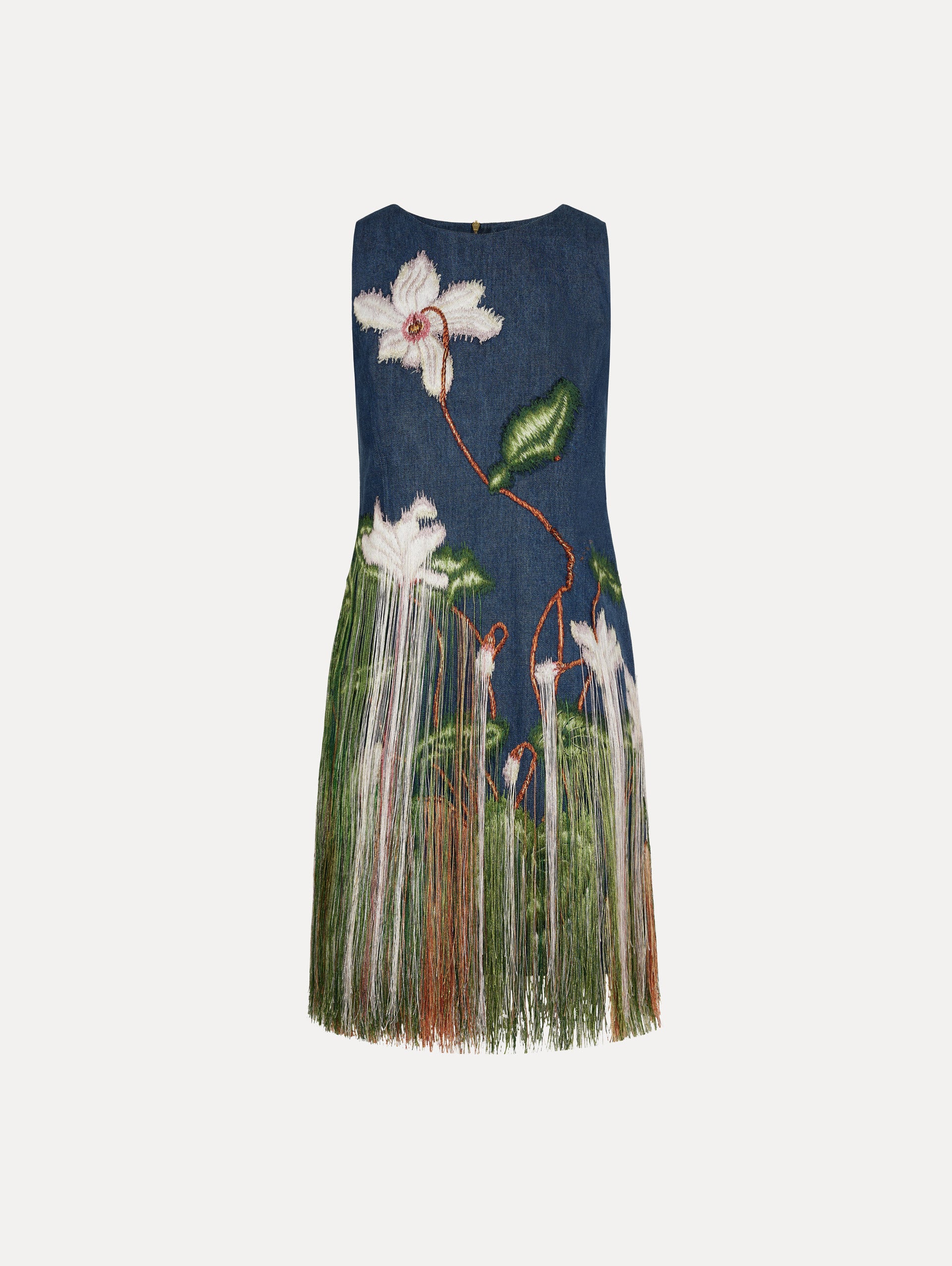 Mini dress in a denim navy blue color with floral motif and fringe skirt.