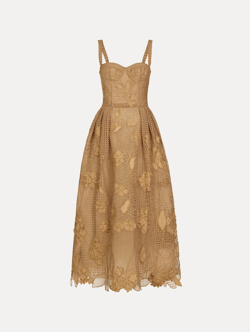 Gold Porcelain Flower Guipure Rattan Cocktail Dress with bustier bodice and pleated full skirt. Front View.