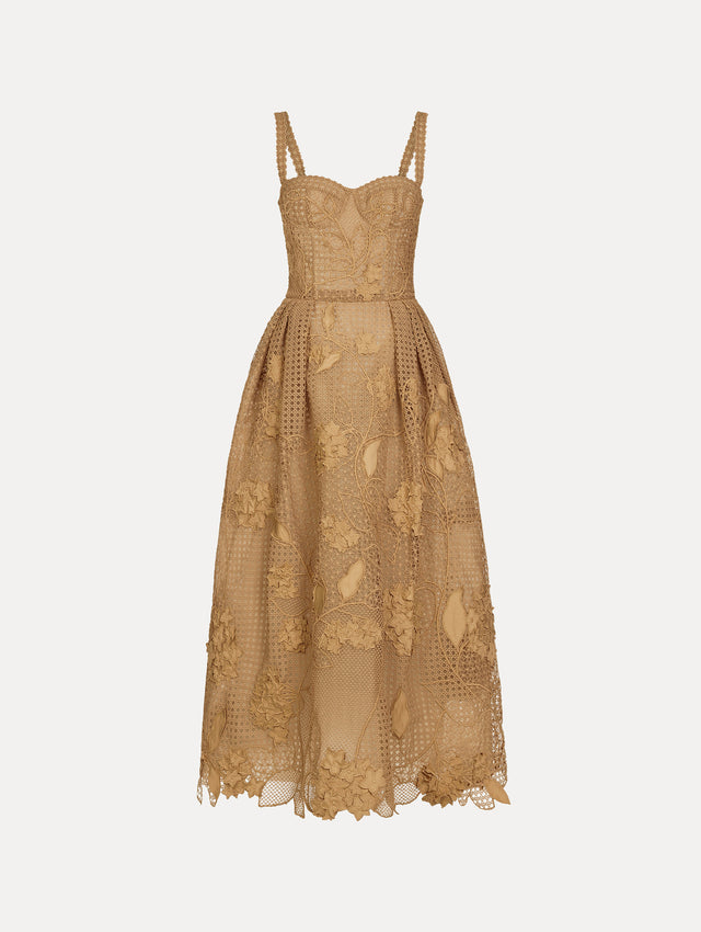 Gold Porcelain Flower Guipure Rattan Cocktail Dress with bustier bodice and pleated full skirt. Front View.