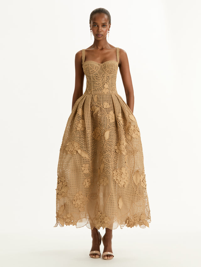 Gold Porcelain Flower Guipure Rattan Cocktail Dress with bustier bodice and pleated full skirt. Front View.