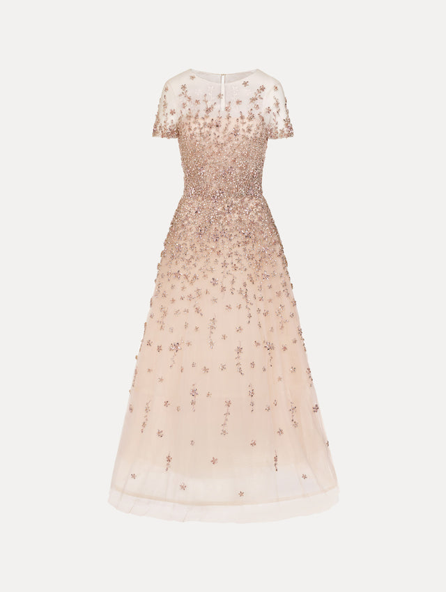 Blush Porcelain Flower Crystal Embroidered Dress with sheer tule neckline and crystal embroidery. Front View.