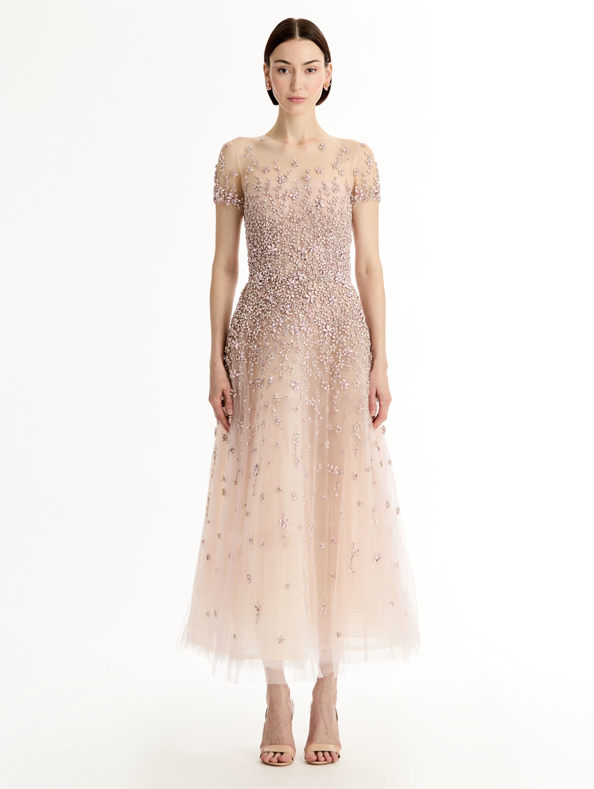 Blush Porcelain Flower Crystal Embroidered Dress with sheer tule neckline and crystal embroidery. Front View.