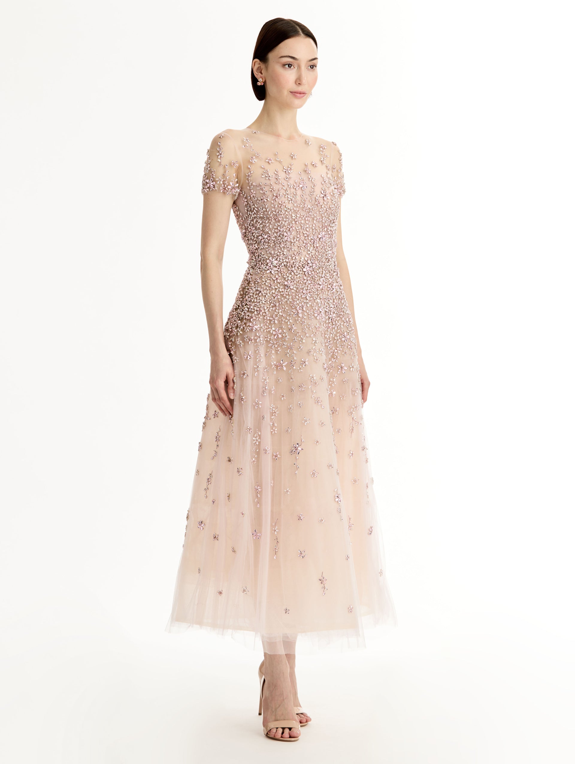 Blush Porcelain Flower Crystal Embroidered Dress with sheer tule neckline and crystal embroidery. Side View.