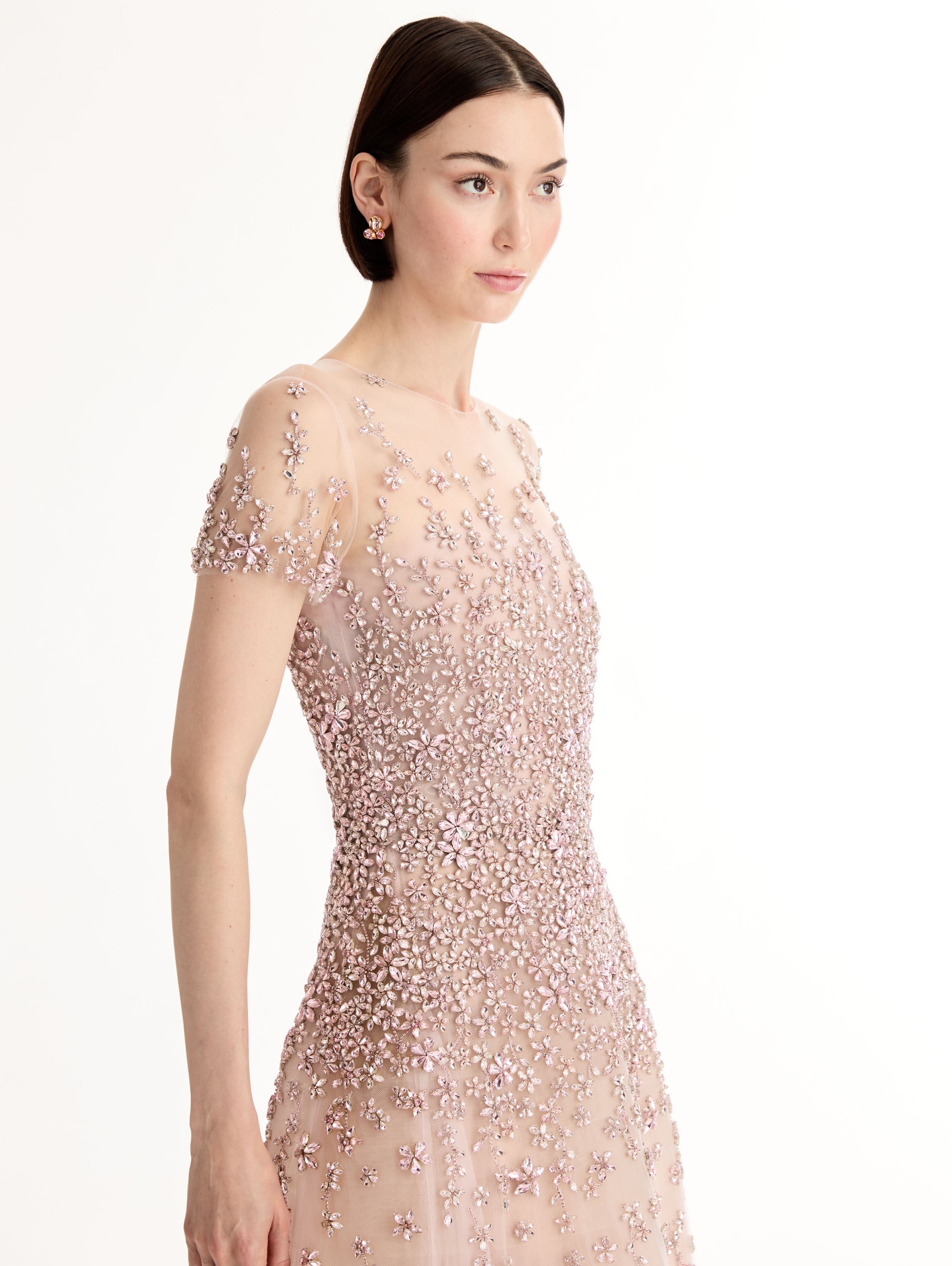 Blush Porcelain Flower Crystal Embroidered Dress with sheer tule neckline and crystal embroidery. Zoom View.
