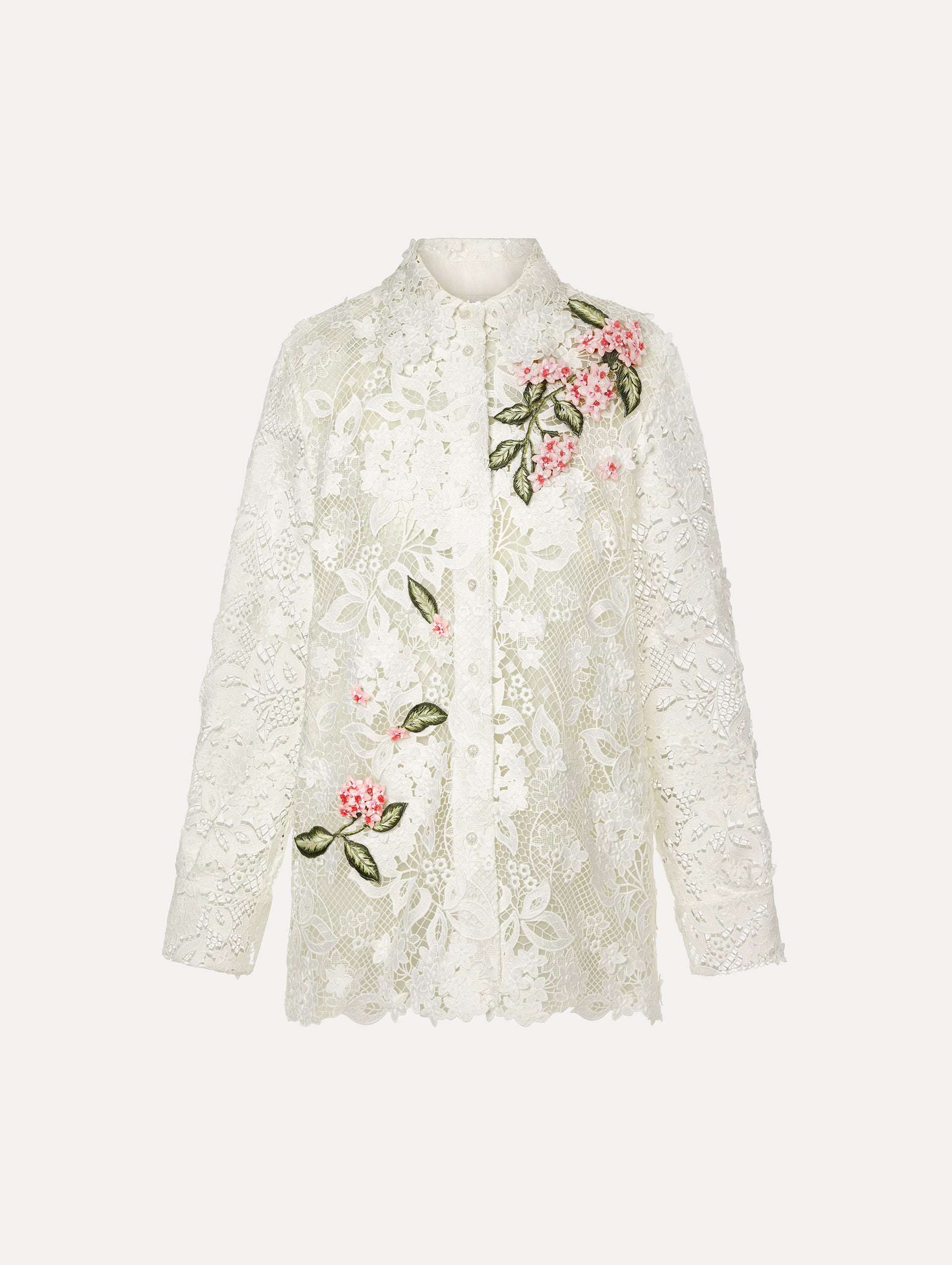 Long Sleeve, Button Up Blouse with Delicate guipure lace and intricate porcelain flower embroidery. White with pink florals. Front View.
