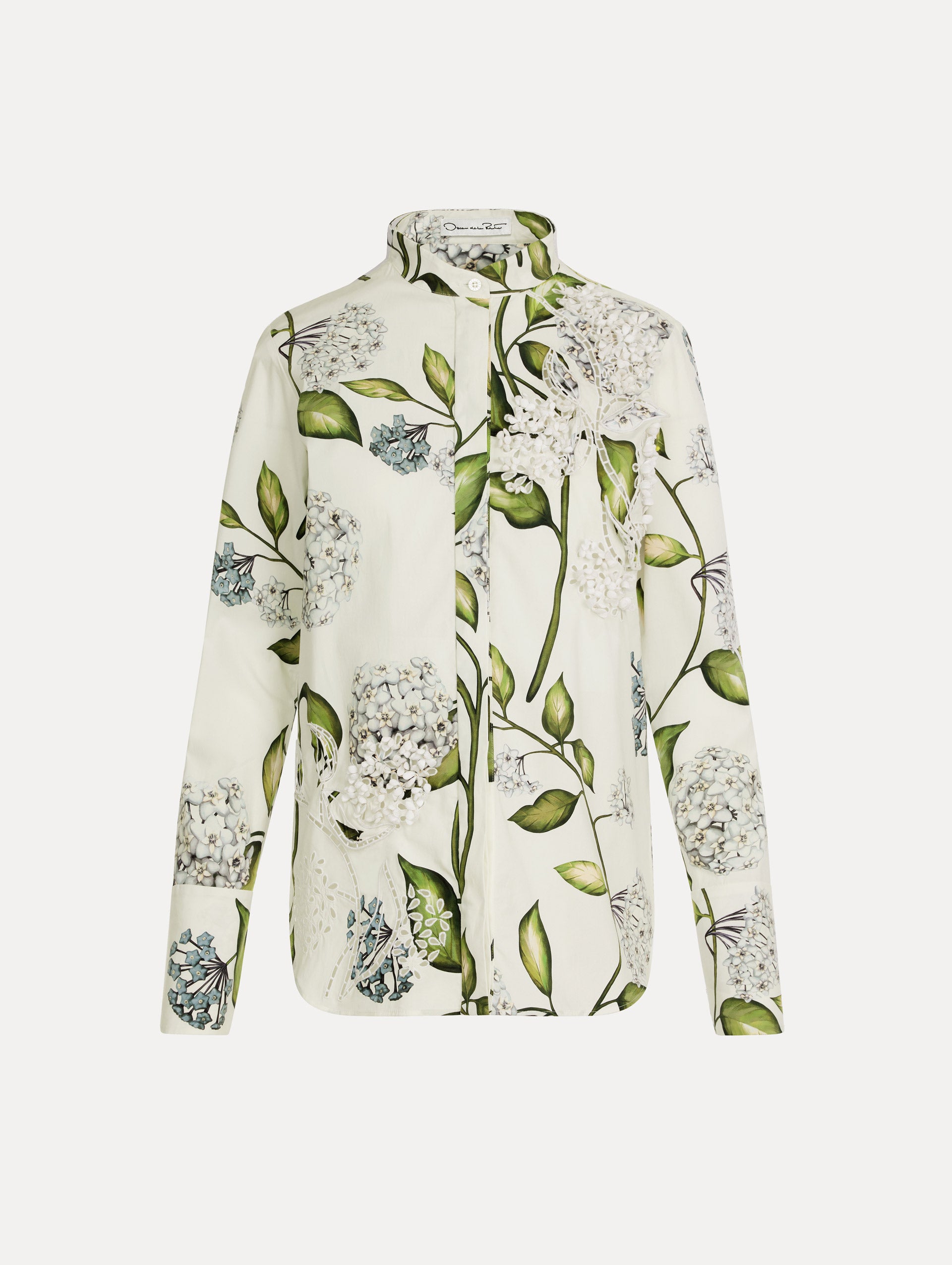 Long-sleeve blouse in the colors White and Denim blue with concealed button front, mock collar, and floral print.