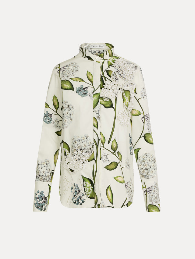 Long-sleeve blouse in the colors White and Denim blue with concealed button front, mock collar, and floral print.