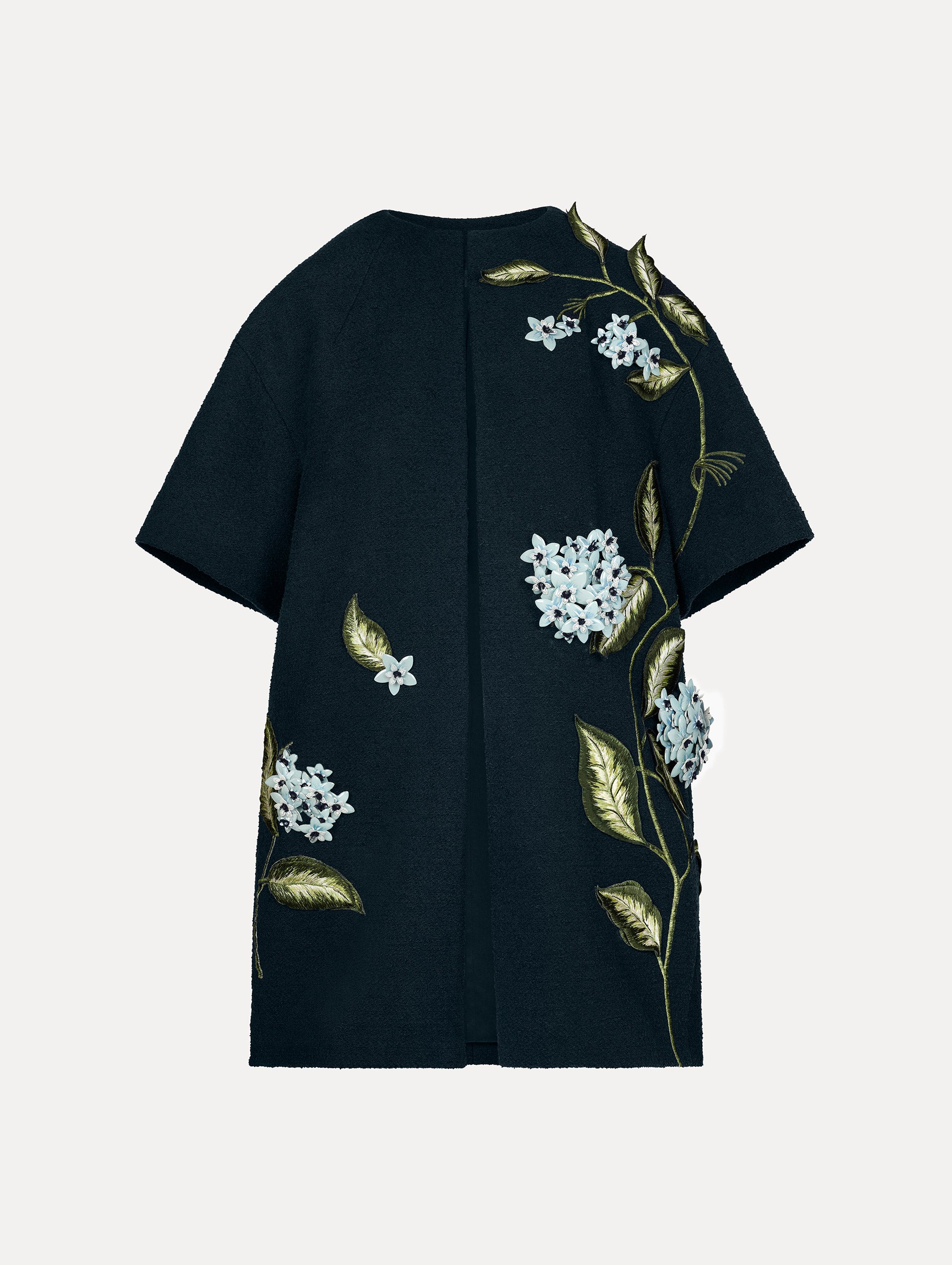 Porcelain Flower Embroidered Coat in Navy. Front View.