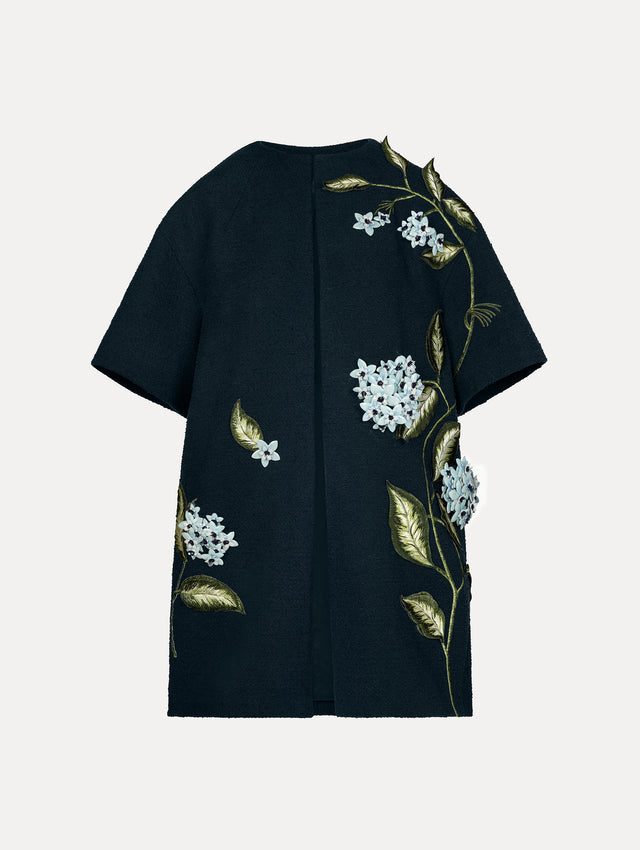 Porcelain Flower Embroidered Coat in Navy. Front View.