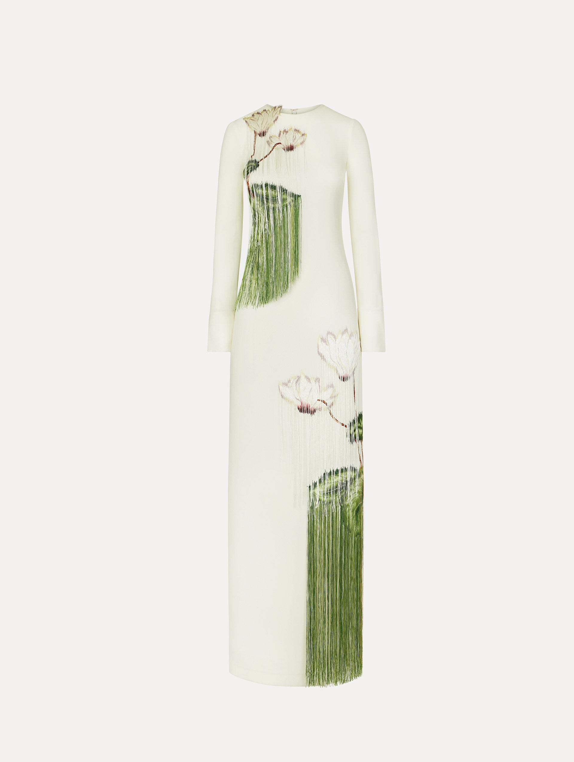 Ivory, long sleeve, floor length, heavy silk stretch georgette gown with Chiné Cyclamen motif in threadwork fringe. Front View.