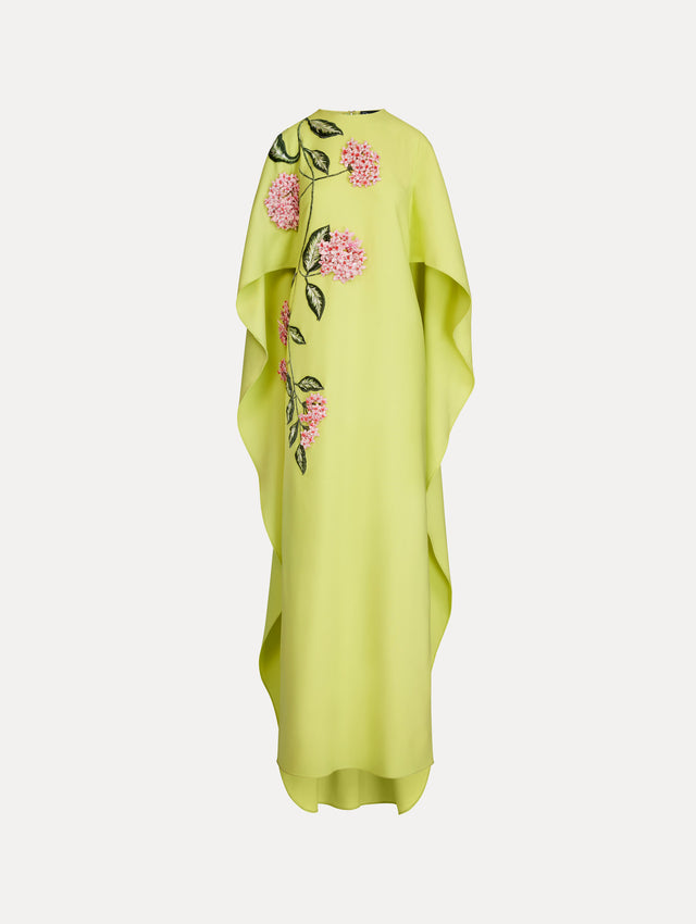 Caftan with cascading cape in the color Pear Green and Pink with flower embroidered detail.