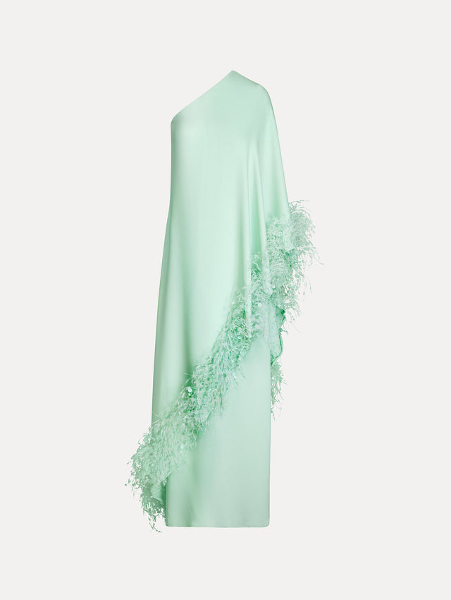 One-shoulder caftan with point d’esprit feather embroidery. Front View. 