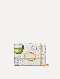 grey Porcelain Flower-Printed O Pochette with green and white floral motifs and gold hardware. Front view.