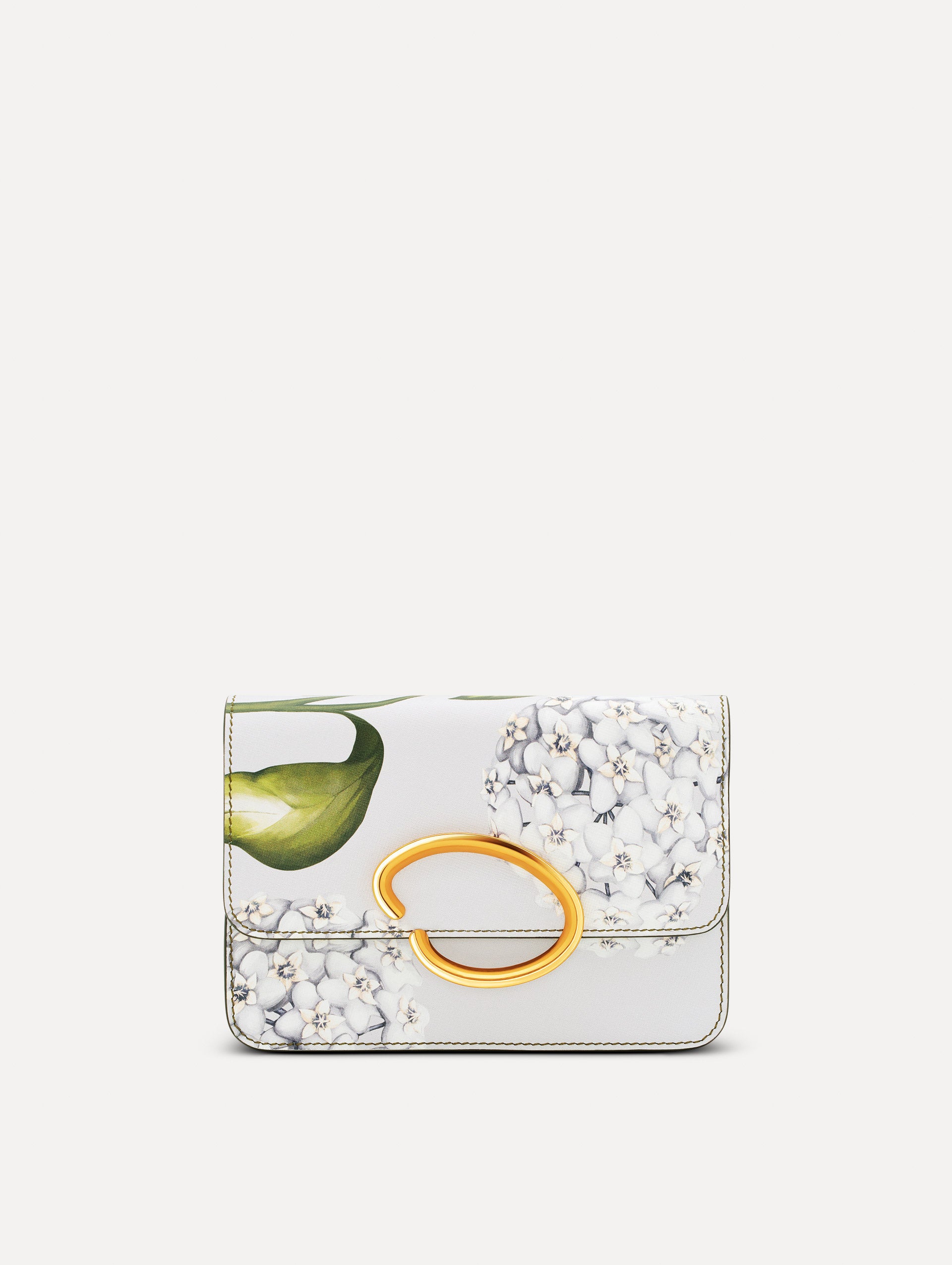 grey Porcelain Flower-Printed O Pochette with green and white floral motifs and gold hardware. Front view.