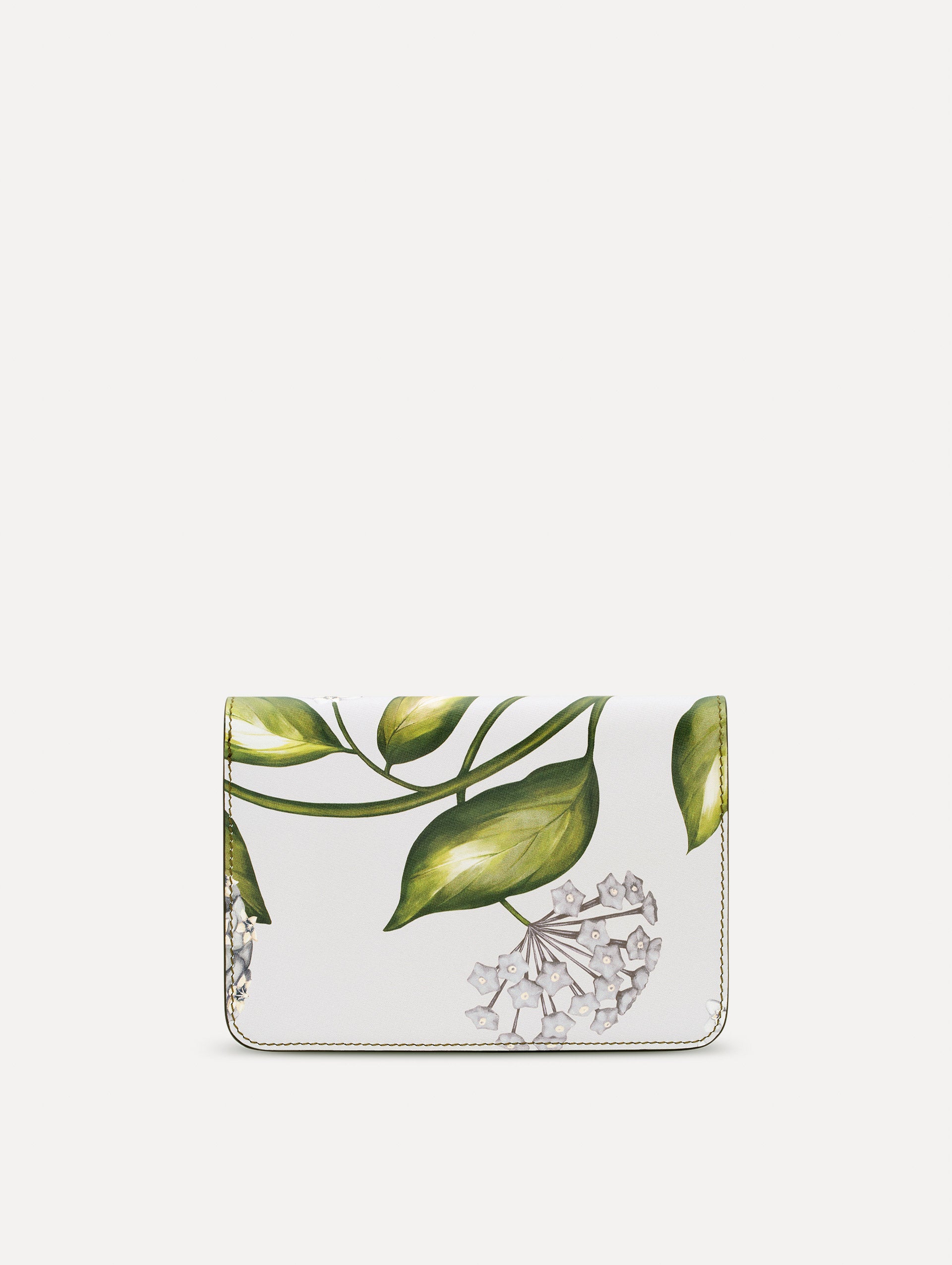 grey Porcelain Flower-Printed O Pochette with green and white floral motifs and gold hardware. Back view.