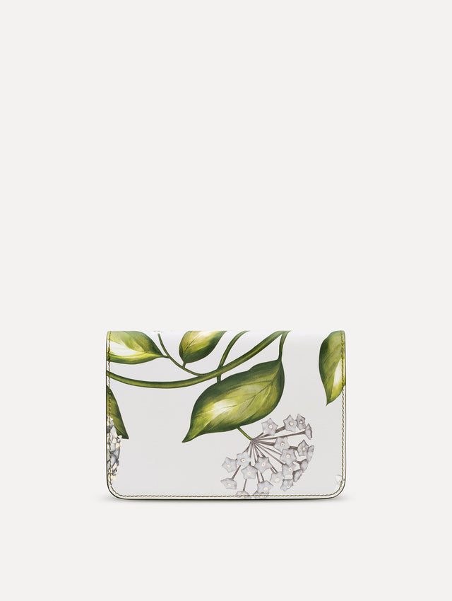 grey Porcelain Flower-Printed O Pochette with green and white floral motifs and gold hardware. Back view.