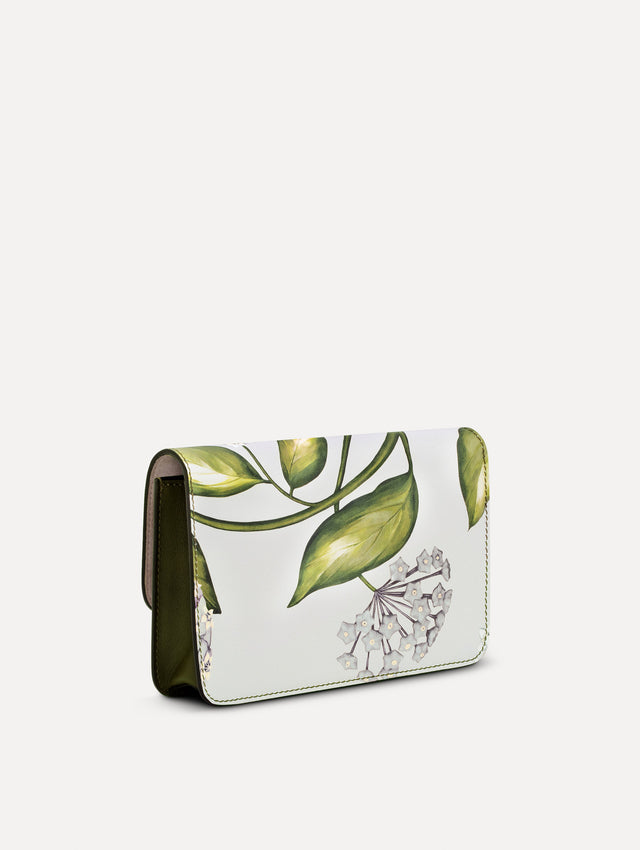 grey Porcelain Flower-Printed O Pochette with green and white floral motifs and gold hardware. Side view.