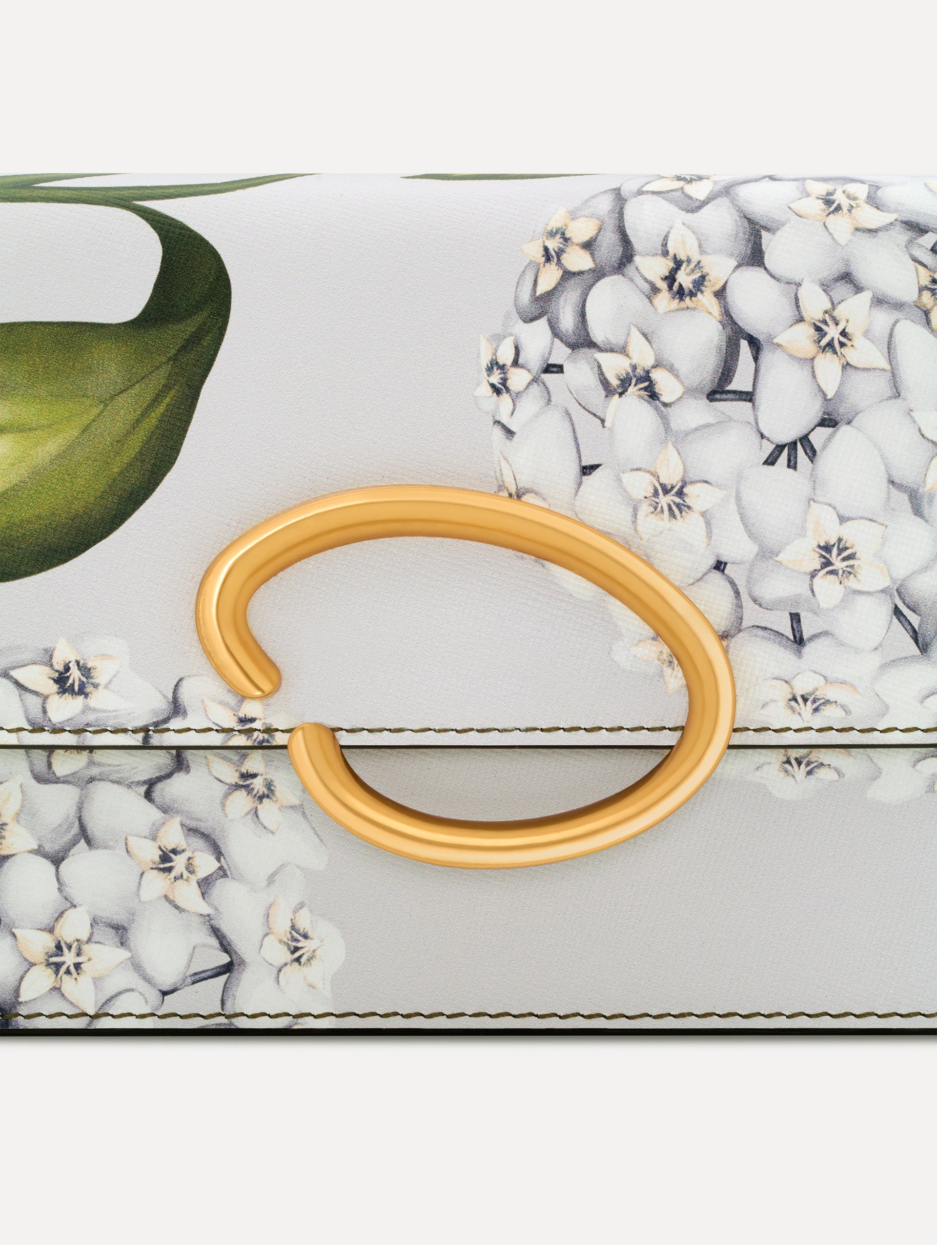 grey Porcelain Flower-Printed O Pochette with green and white floral motifs and gold hardware. Zoom view.