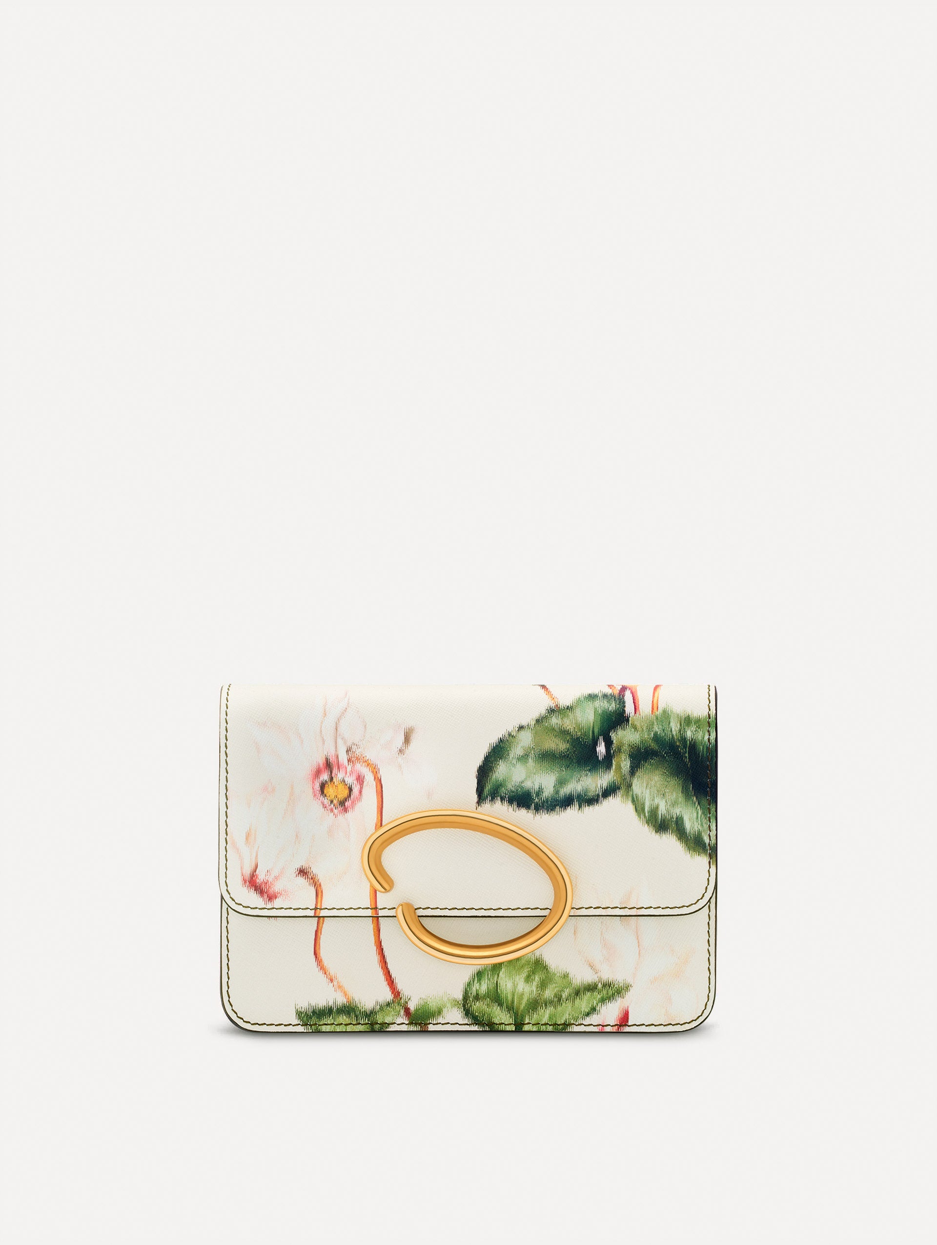 Ivory Cyclamen-Printed O Pochette with green and pink floral motifs and gold hardware. Front View.