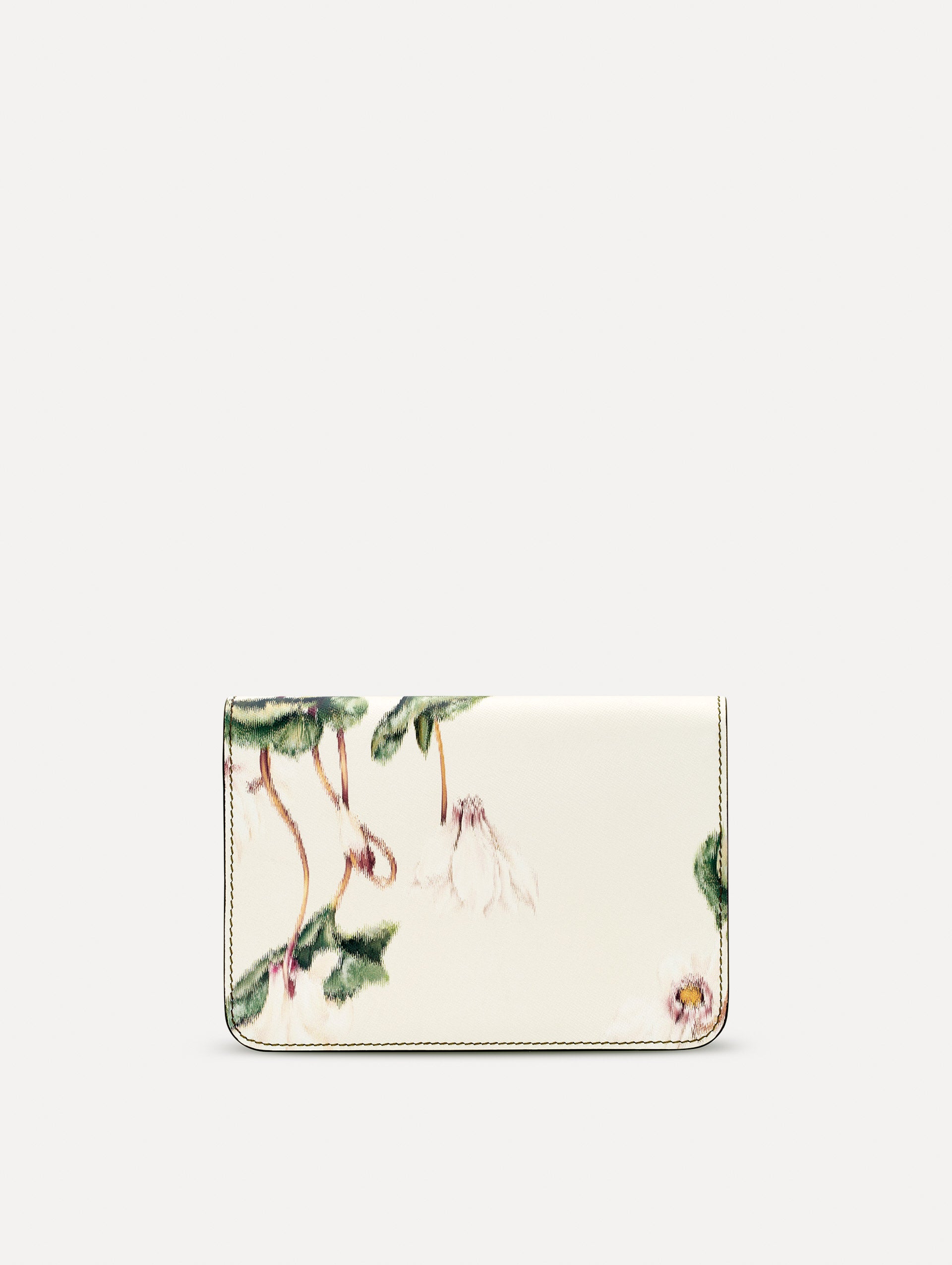 Ivory Cyclamen-Printed O Pochette with green and pink floral motifs and gold hardware. Back View.