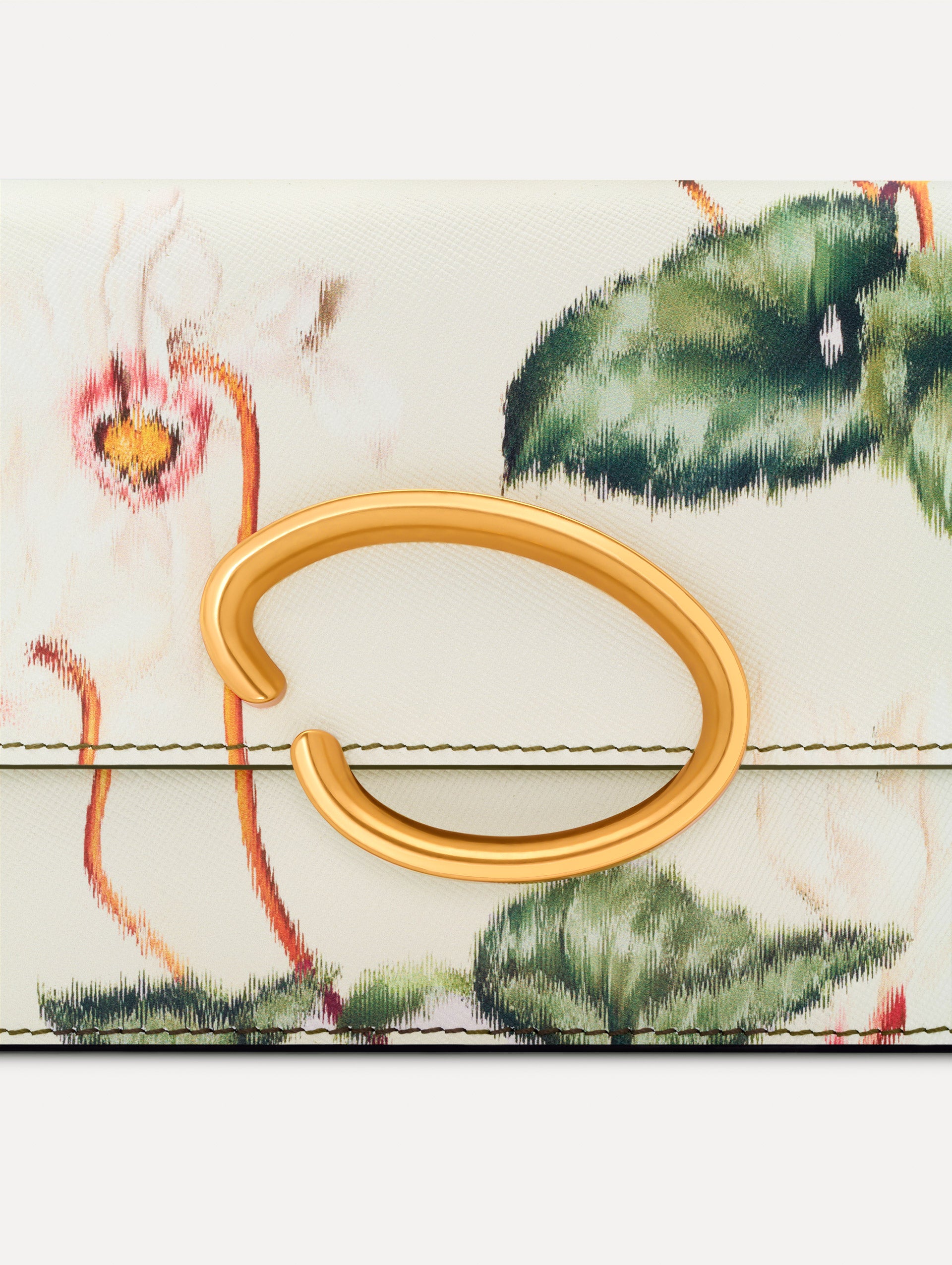 Ivory Cyclamen-Printed O Pochette with green and pink floral motifs and gold hardware. Zoom View.