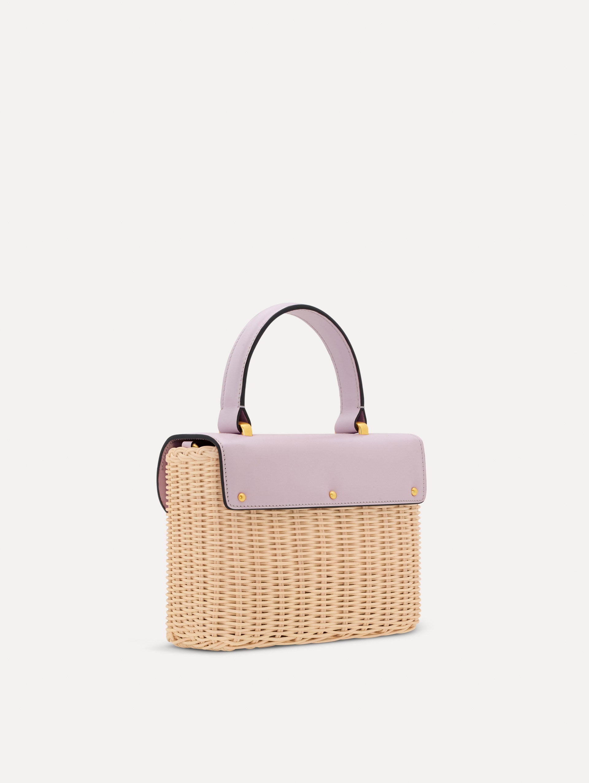 lilac Wicker Mini TRO Bag with floral motif clasp and leather flap. Side View.