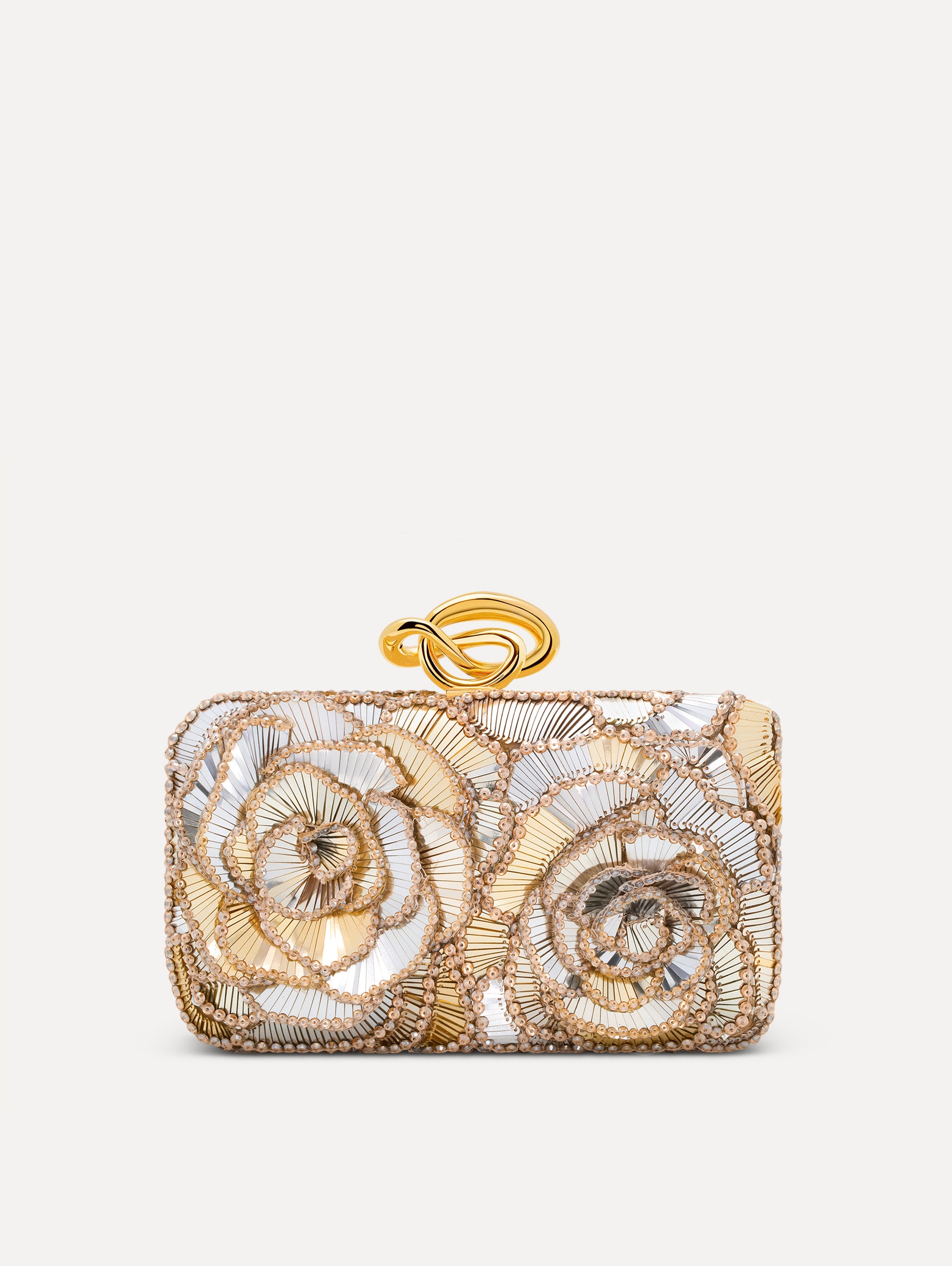 Silver Crystal Pavé Knot Minaudière with gold hardware and an O motif clasp.  Front View.