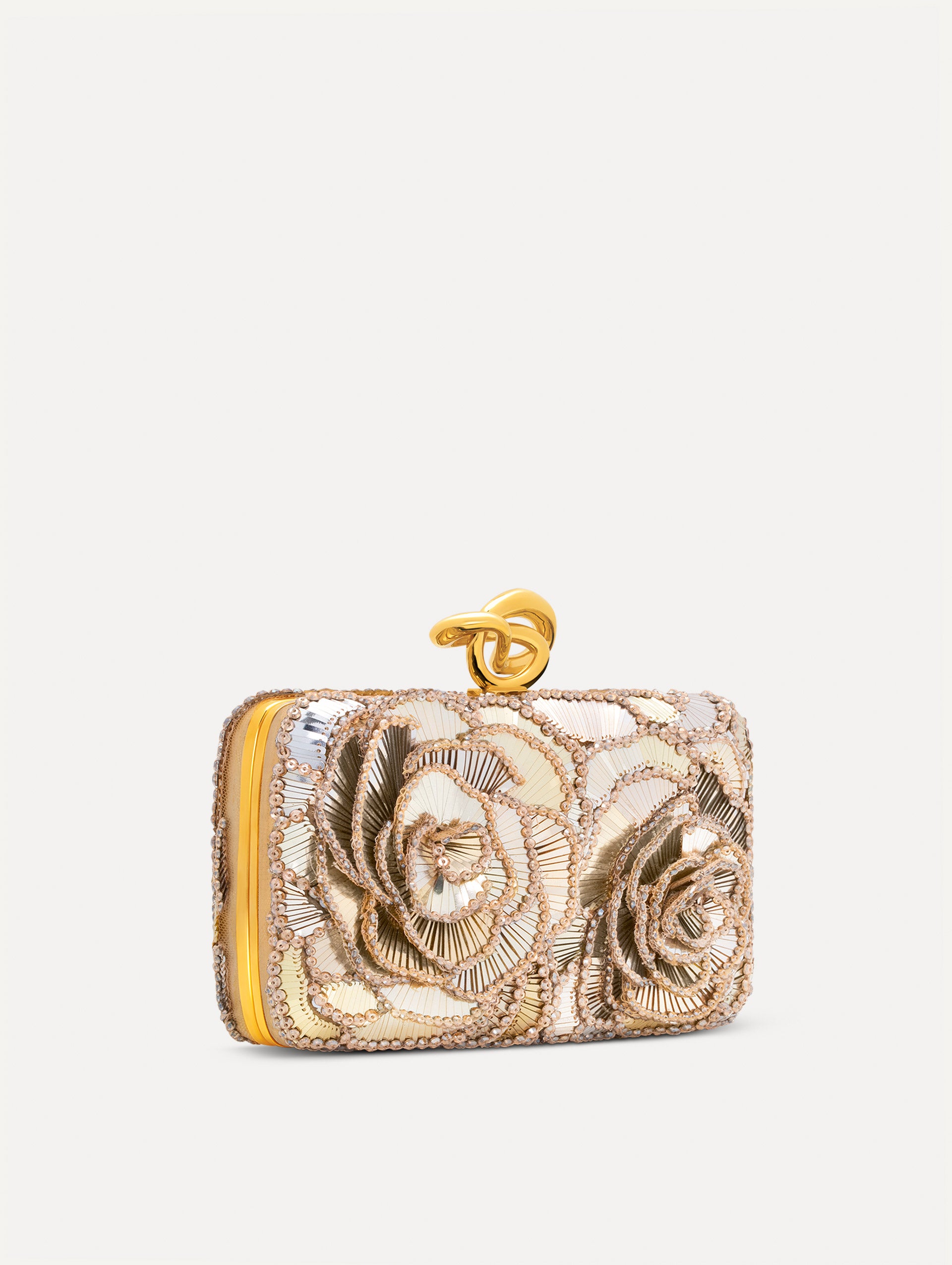 Silver Crystal Pavé Knot Minaudière with gold hardware and an O motif clasp.  Side View.
