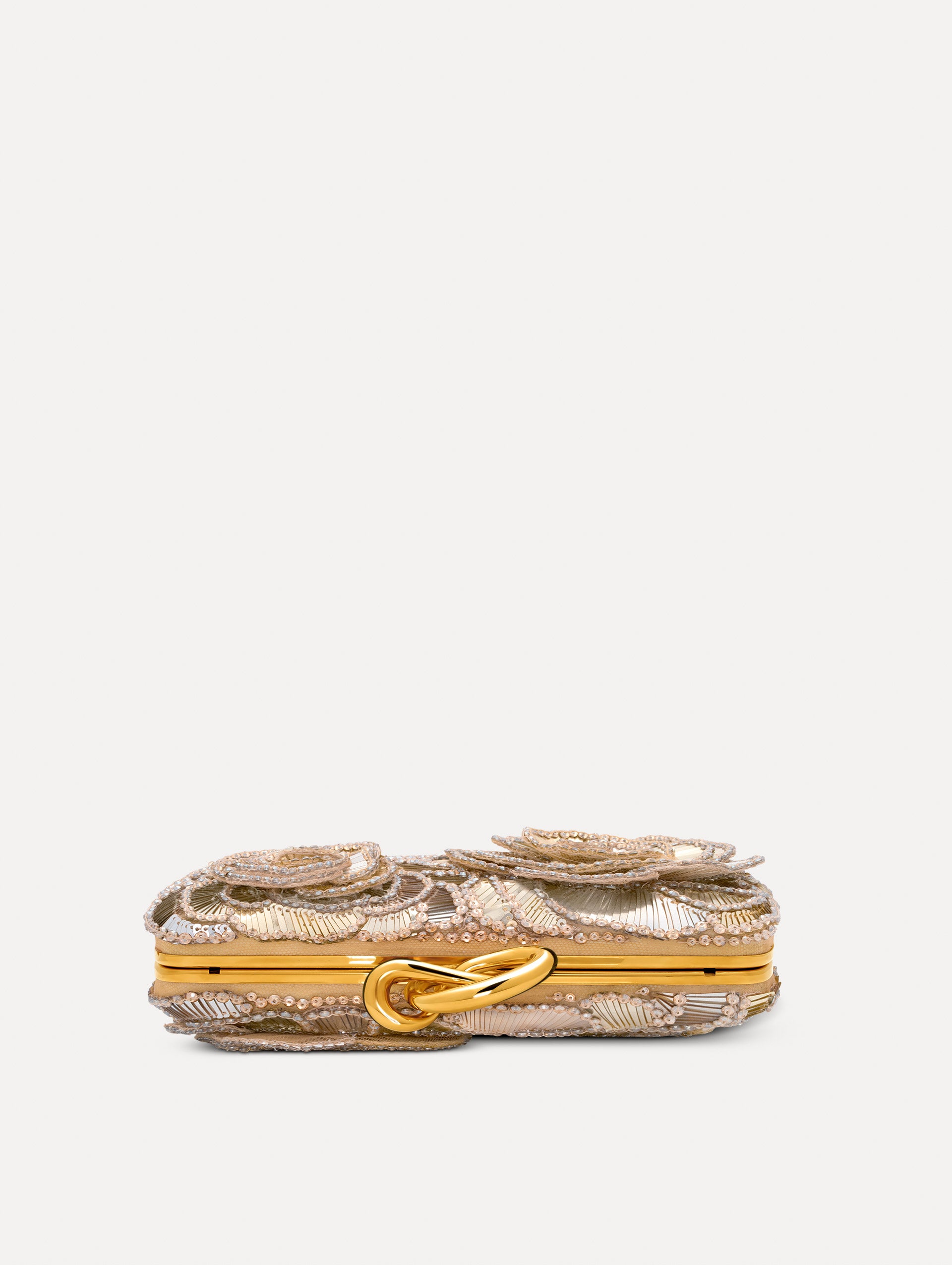 Silver Crystal Pavé Knot Minaudière with gold hardware and an O motif clasp.  Side View.