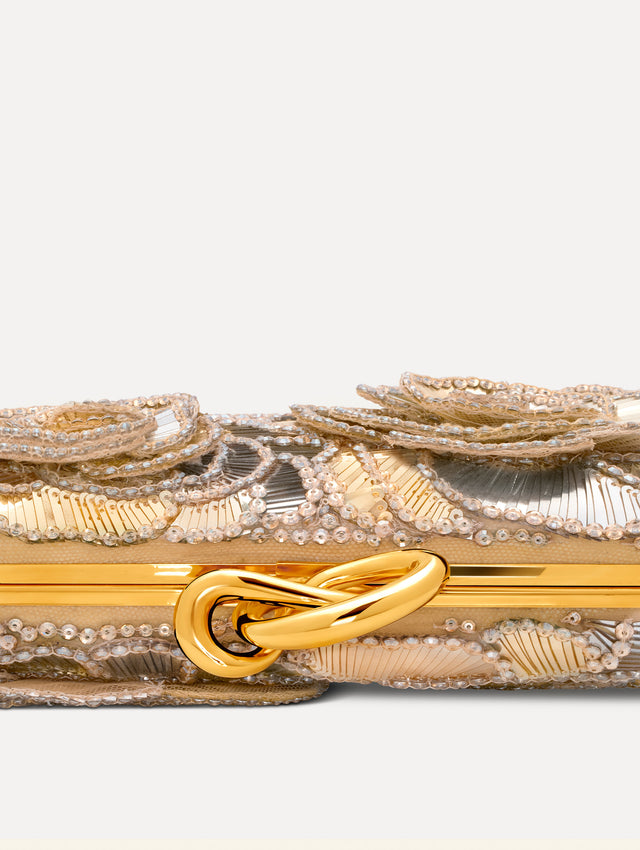 Silver Crystal Pavé Knot Minaudière with gold hardware and an O motif clasp.  Zoom View.