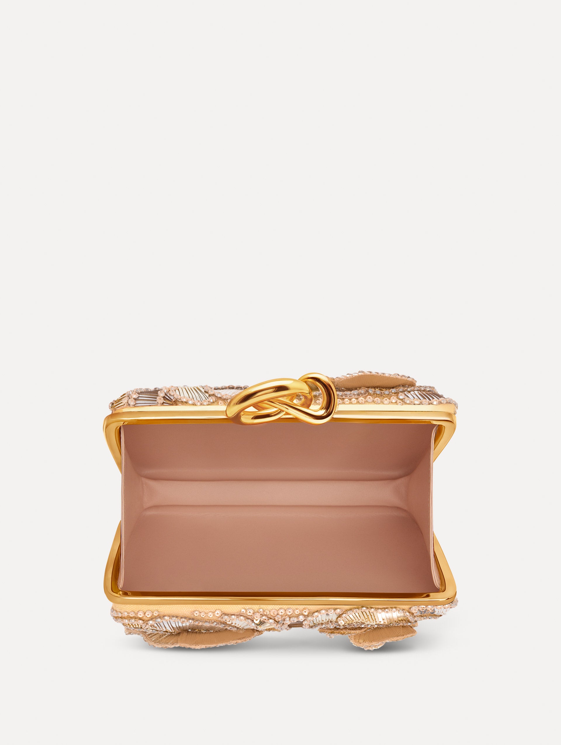 Silver Crystal Pavé Knot Minaudière with gold hardware and an O motif clasp.  Open View.