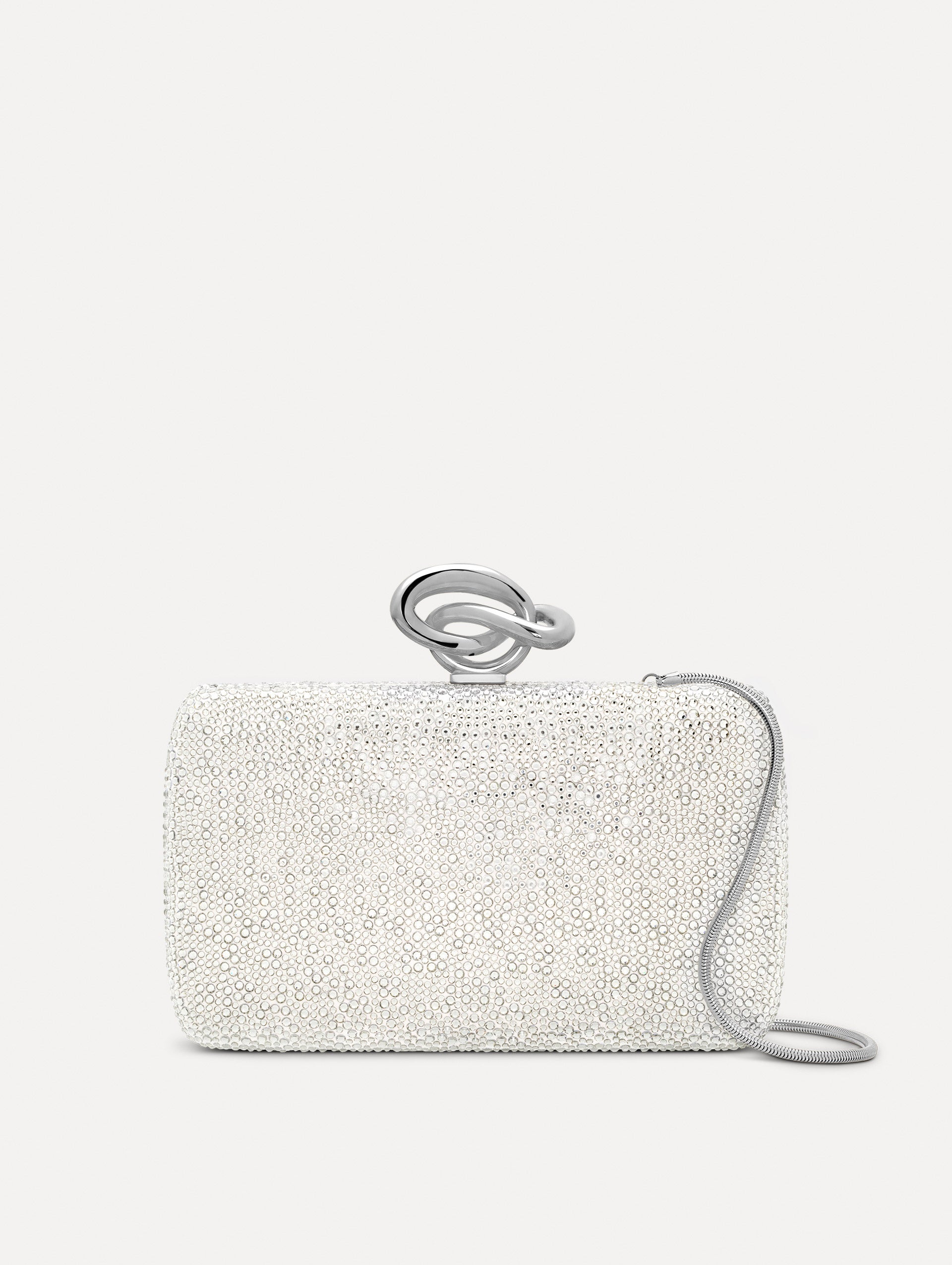 Silver Crystal Pavé Knot Minaudière with gold hardware and an O motif clasp.  Front View.