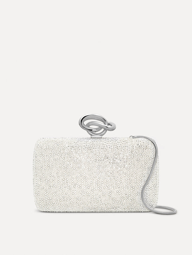 Silver Crystal Pavé Knot Minaudière with gold hardware and an O motif clasp.  Front View.