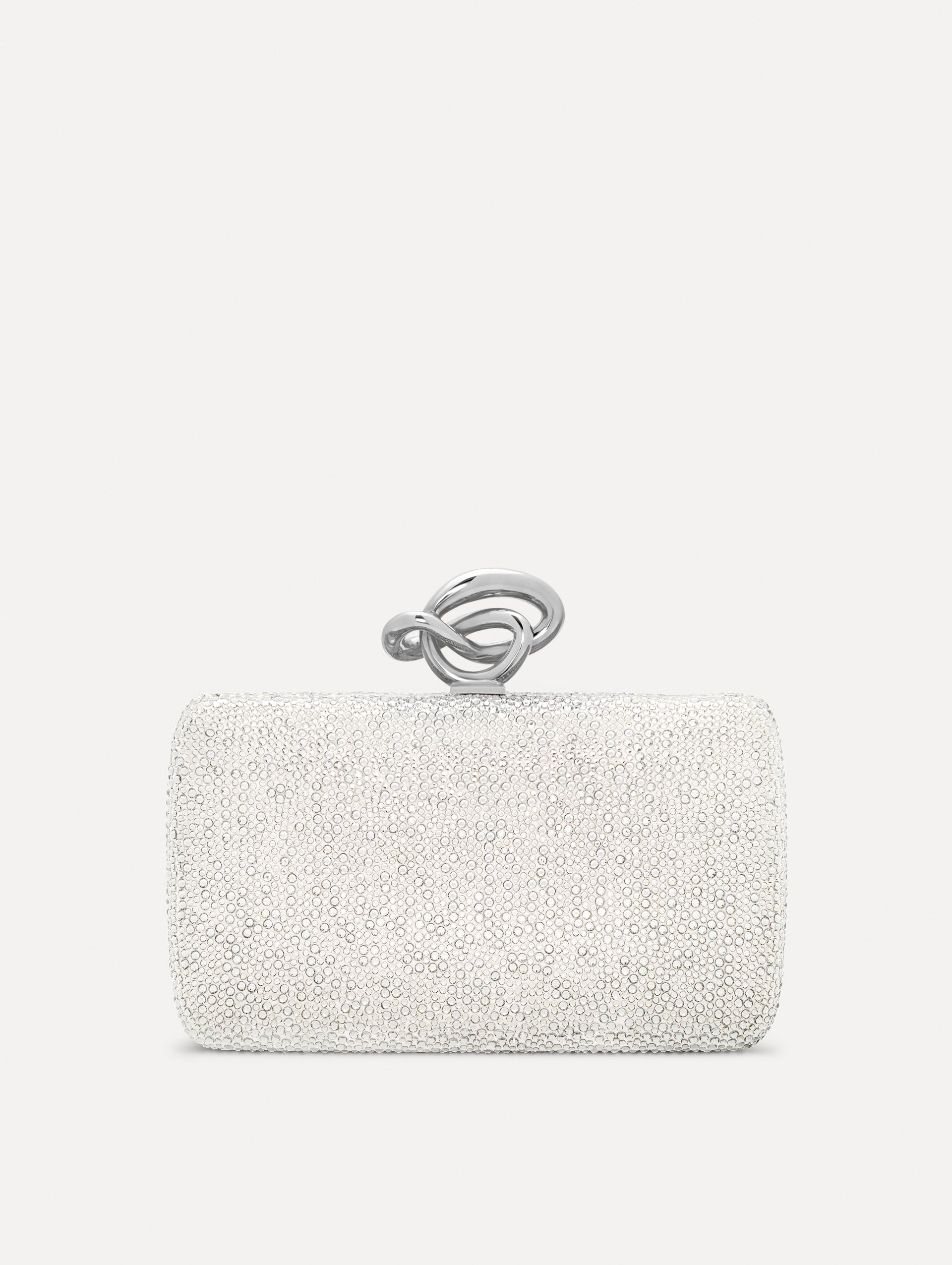 Silver Crystal Pavé Knot Minaudière with gold hardware and an O motif clasp.  Front View.