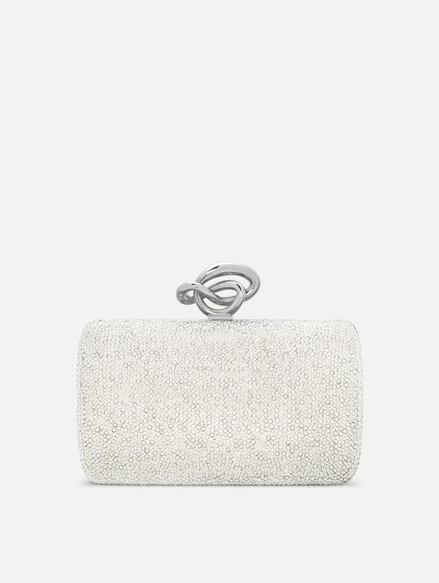 Silver Crystal Pavé Knot Minaudière with gold hardware and an O motif clasp.  Front View.