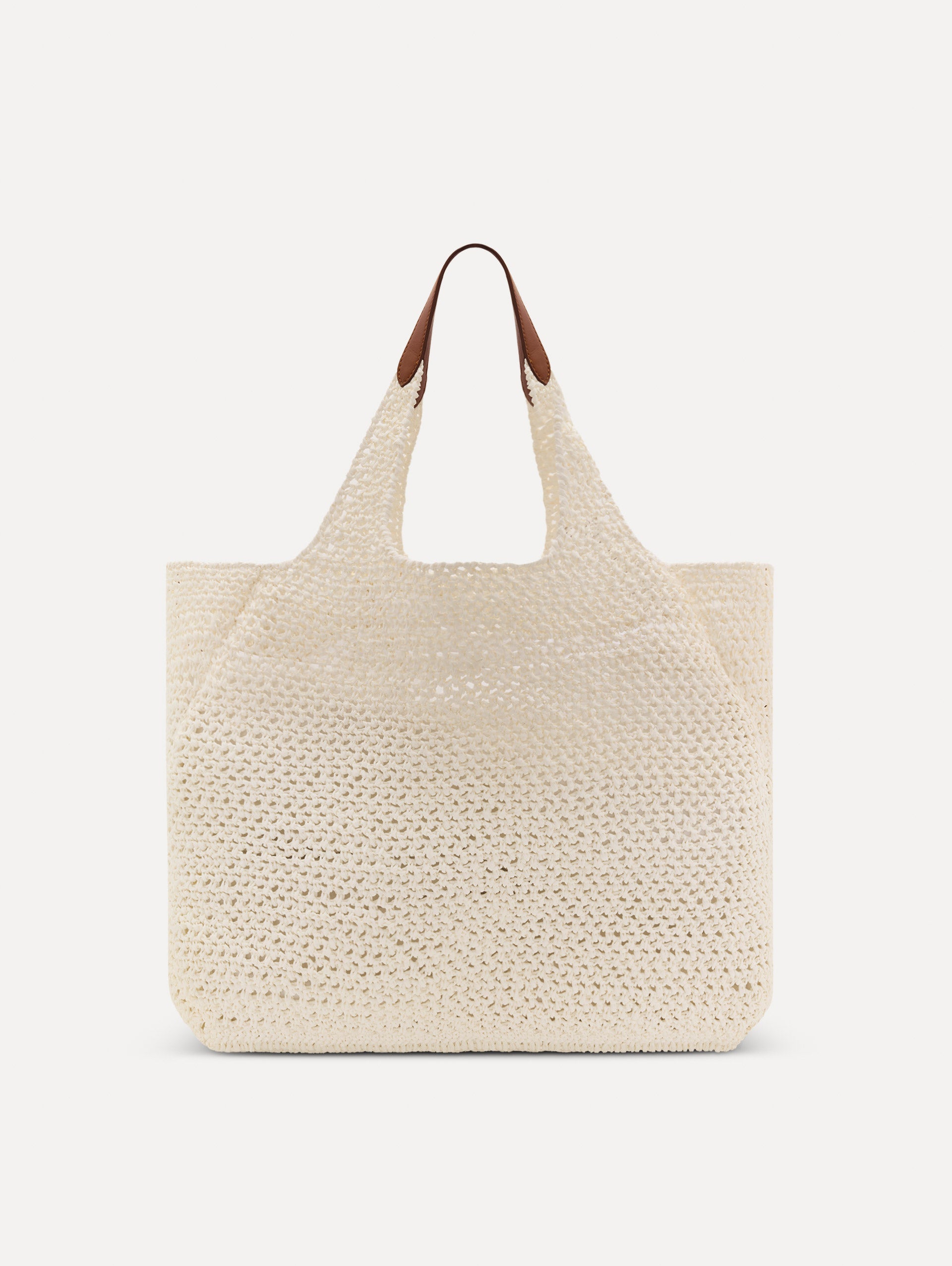 White Topaz in Crochet Raffia with white leather handle and crochet embroidered flower motifs. Back View.