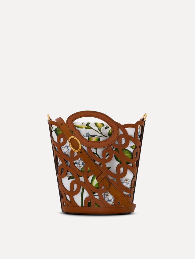 Brown Oscar Chain-Link Leather Mini Tote with long adjustable shoulder strap and a tan canvas lining. Front View. 