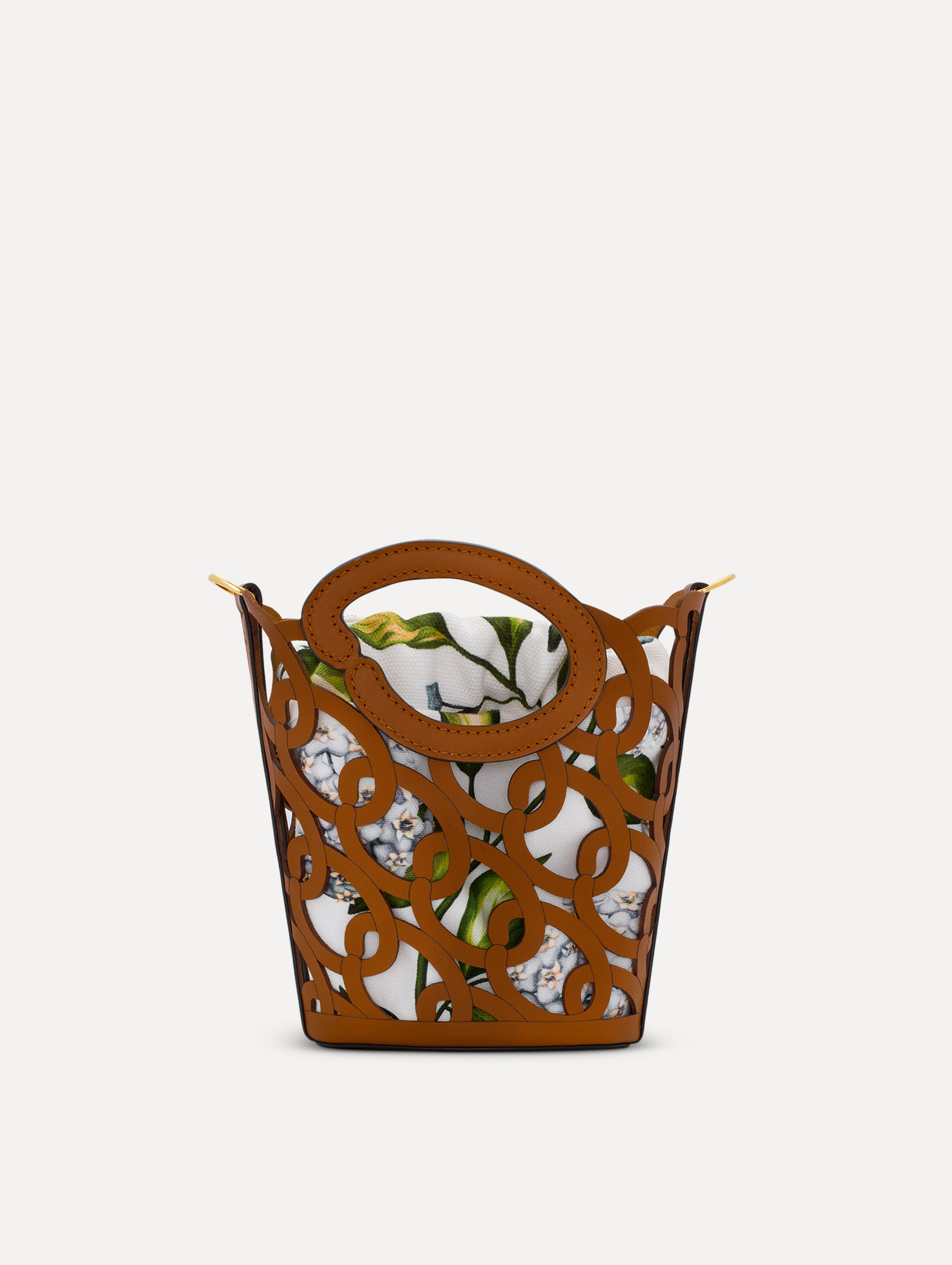 Cognac Oscar Chain-Link Leather Mini Tote featuring interlocking 'O' emblems and floral lining. Back View.