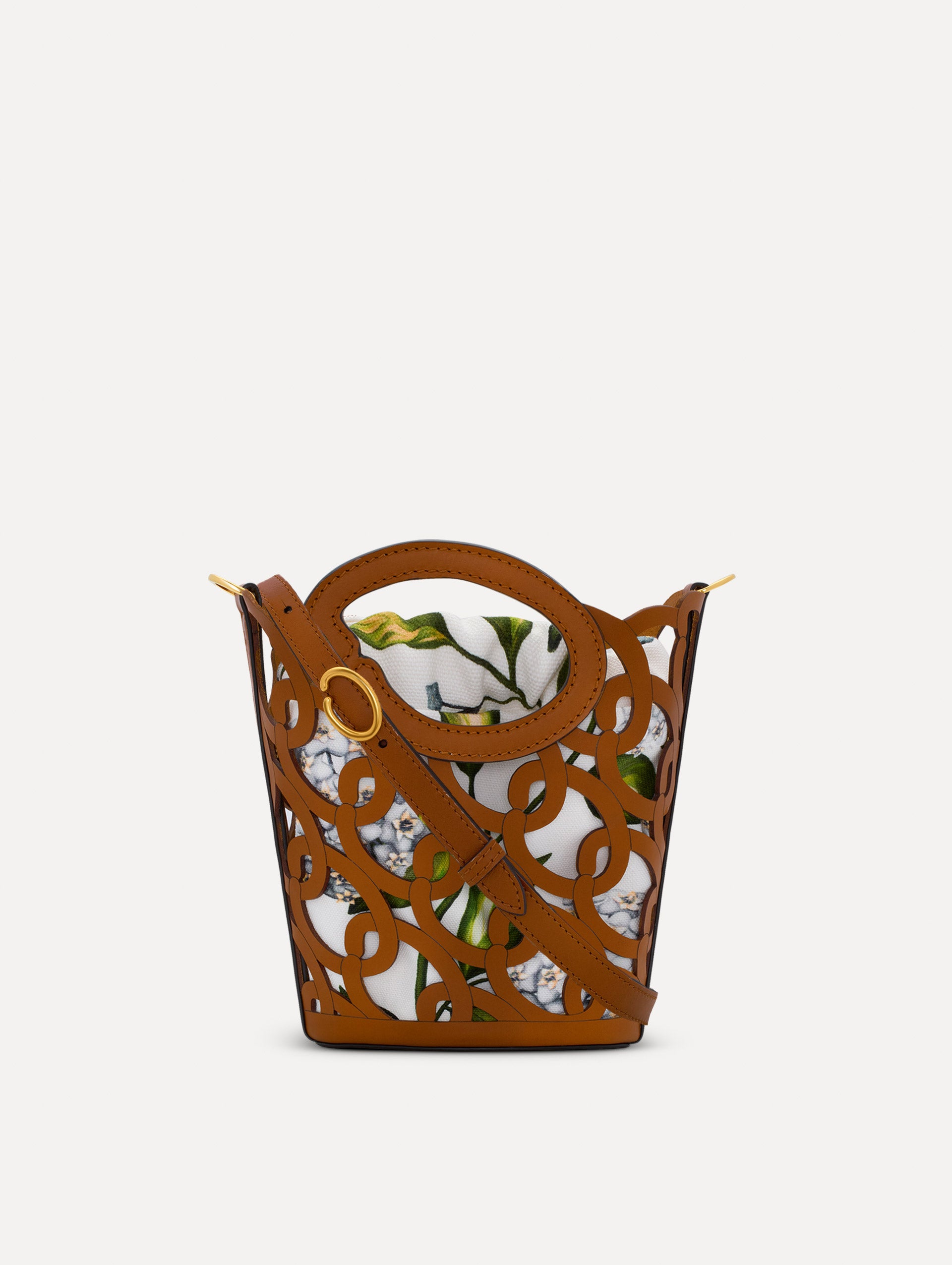Cognac Oscar Chain-Link Leather Mini Tote featuring interlocking 'O' emblems and floral lining. Front View.