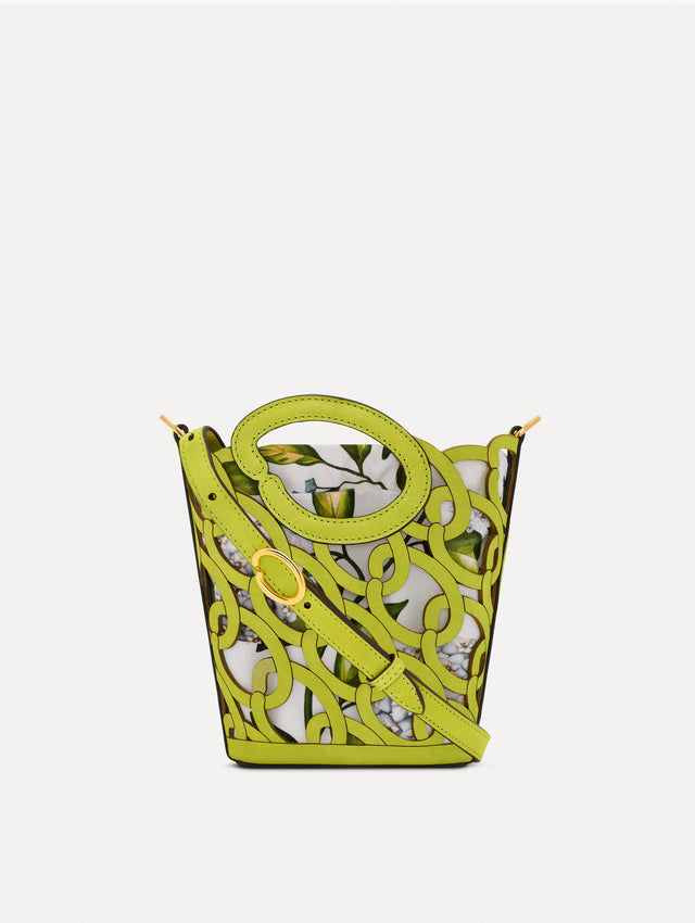 Green Oscar Chain-Link Leather Mini Tote with beige canvas lining and interlinking O motifs. Front View.