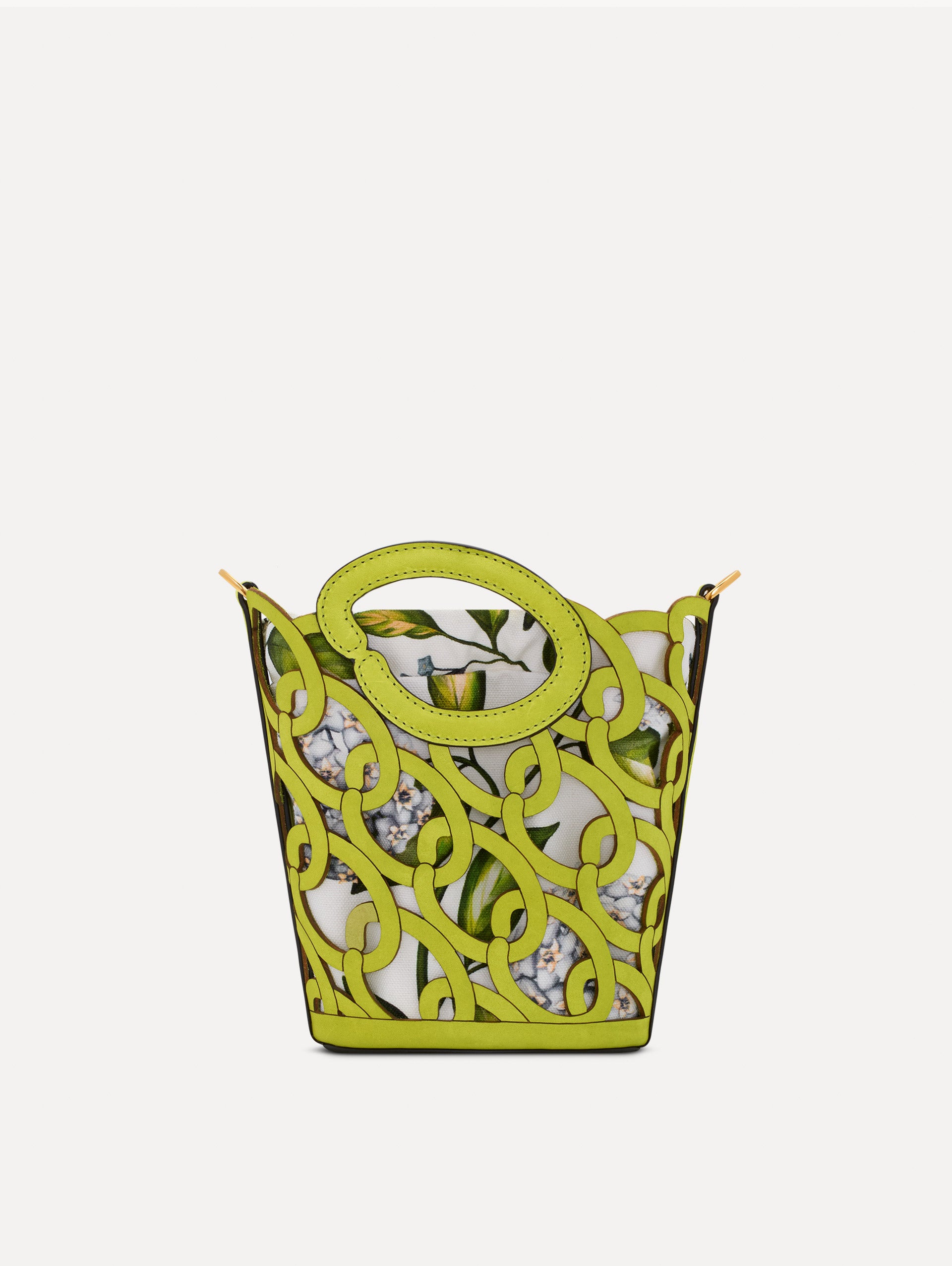 Green Oscar Chain-Link Leather Mini Tote with beige canvas lining and interlinking O motifs. Back View.