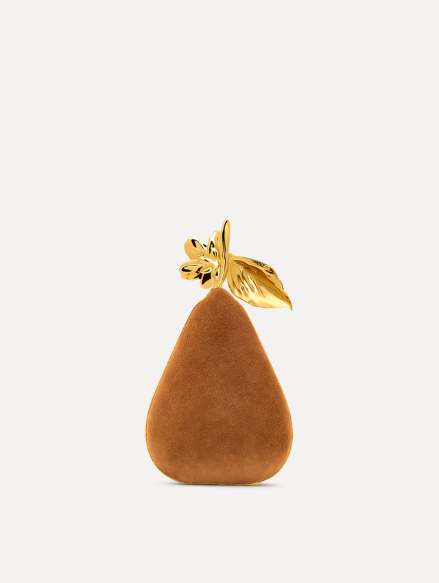 Brown Pear Minaudière in Suede with gold hardware and an Oscar de la Renta branded sticker. Back View. 