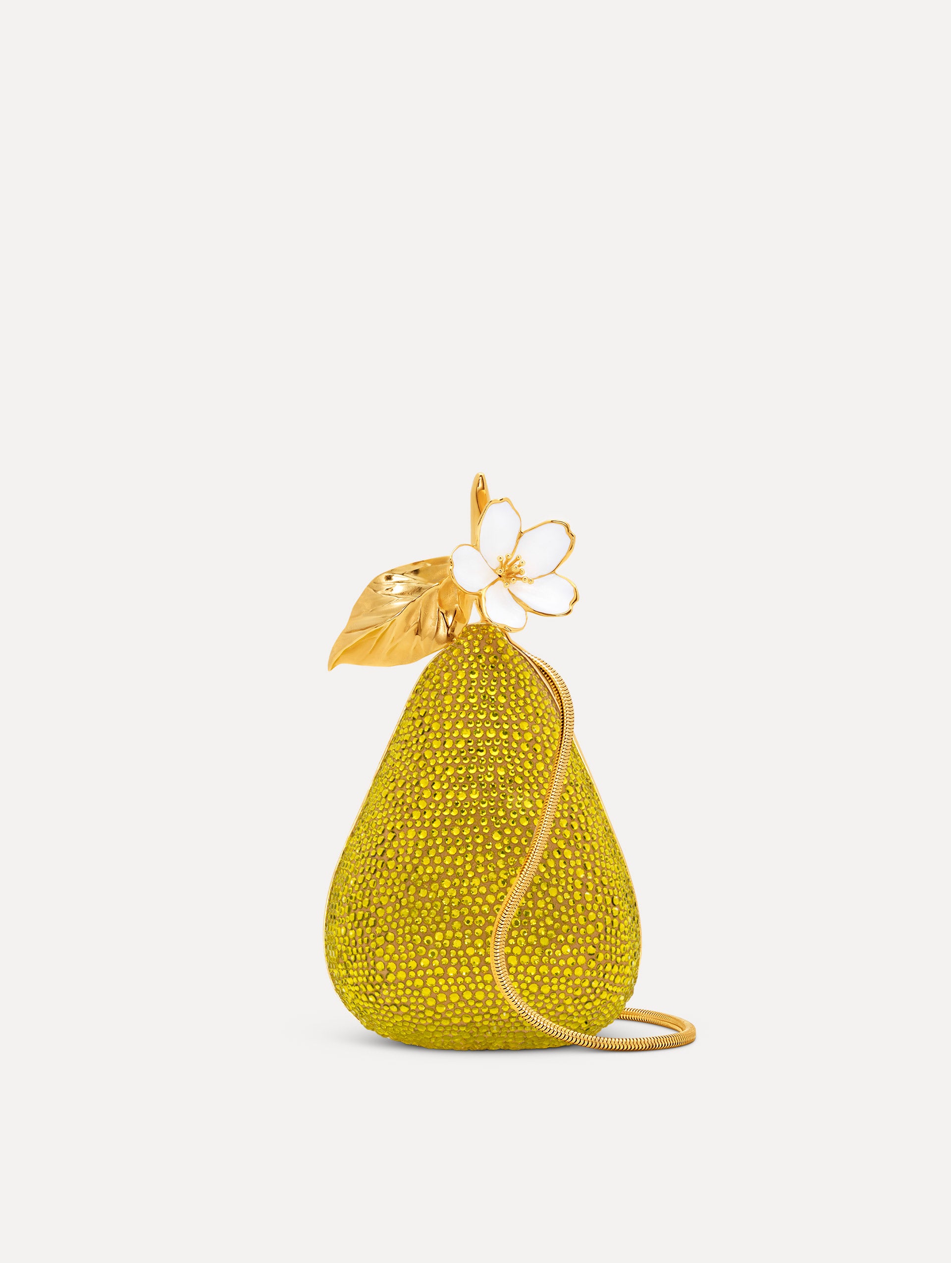 Crystal Pavé Pear Minaudière clutch in Green. FrontView.