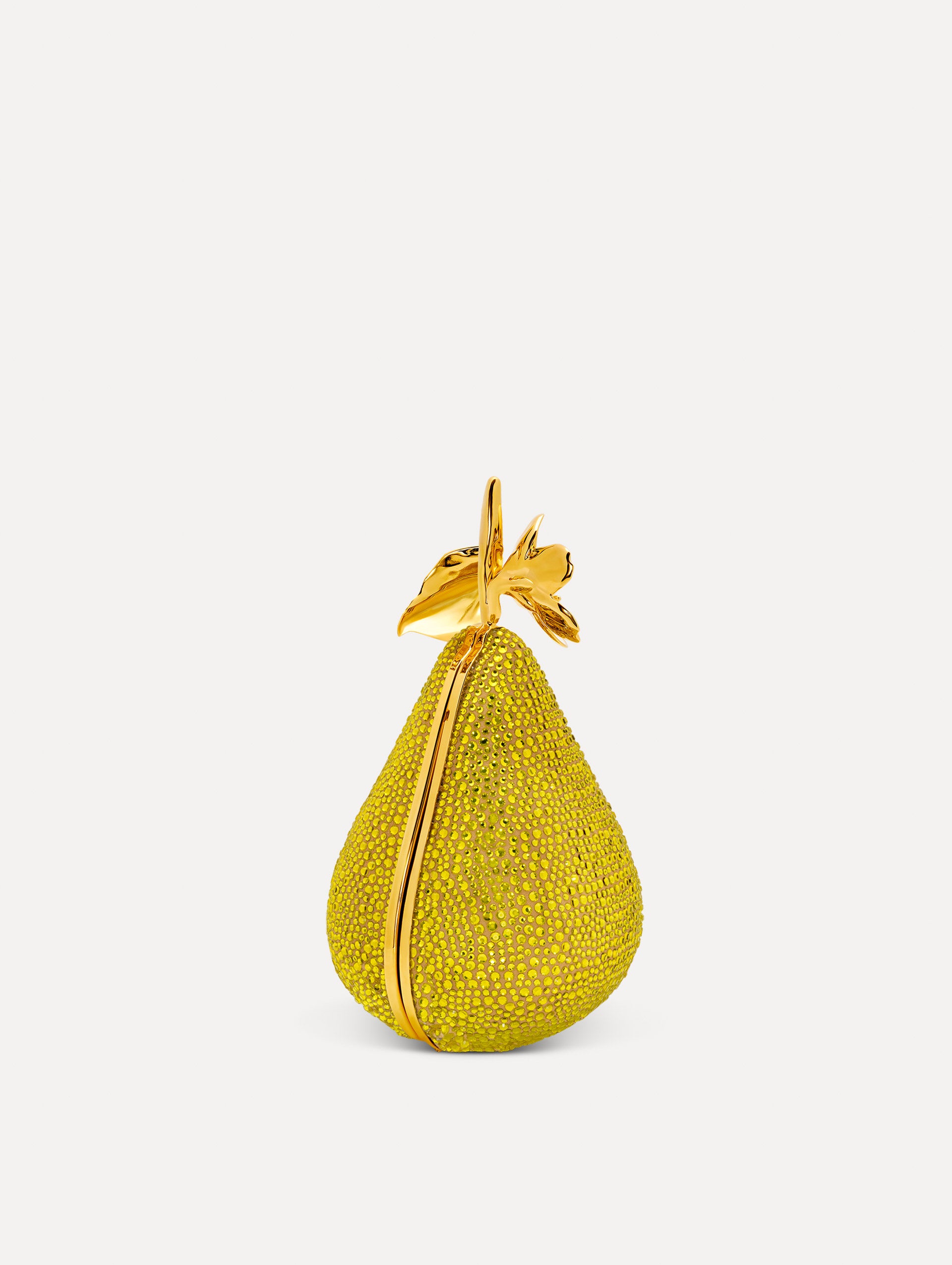 Crystal Pavé Pear Minaudière clutch in Green. Side View.