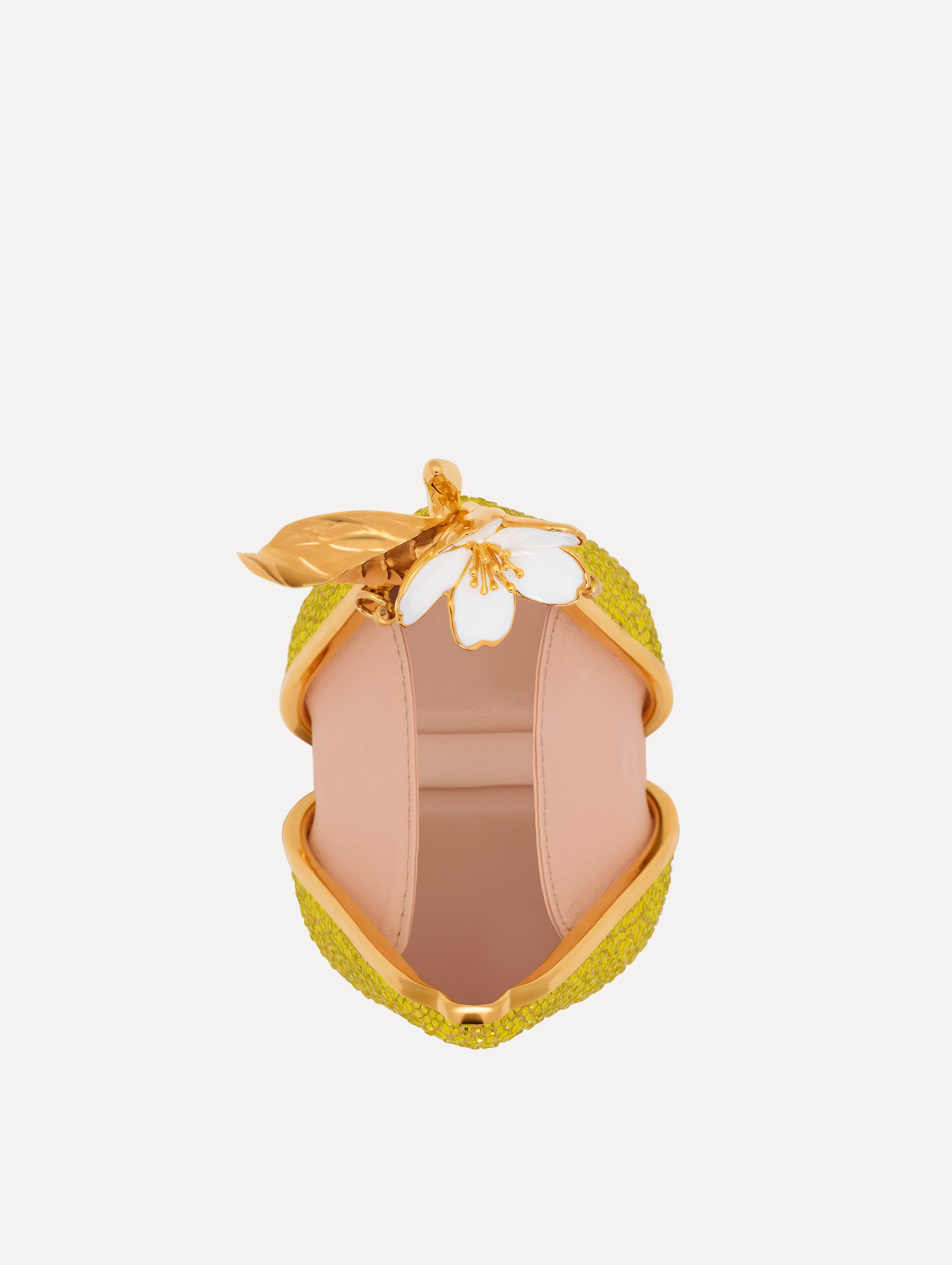 Crystal Pavé Pear Minaudière clutch in Green. Open View.