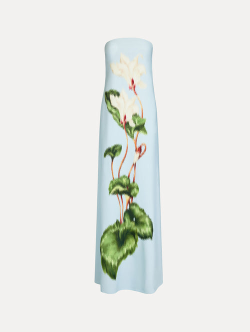 Strapless Floor Length Gown in Pale Blue with trapeze silhouette. Chiné Cyclamen motif blooms with blurred edges. Front View. 