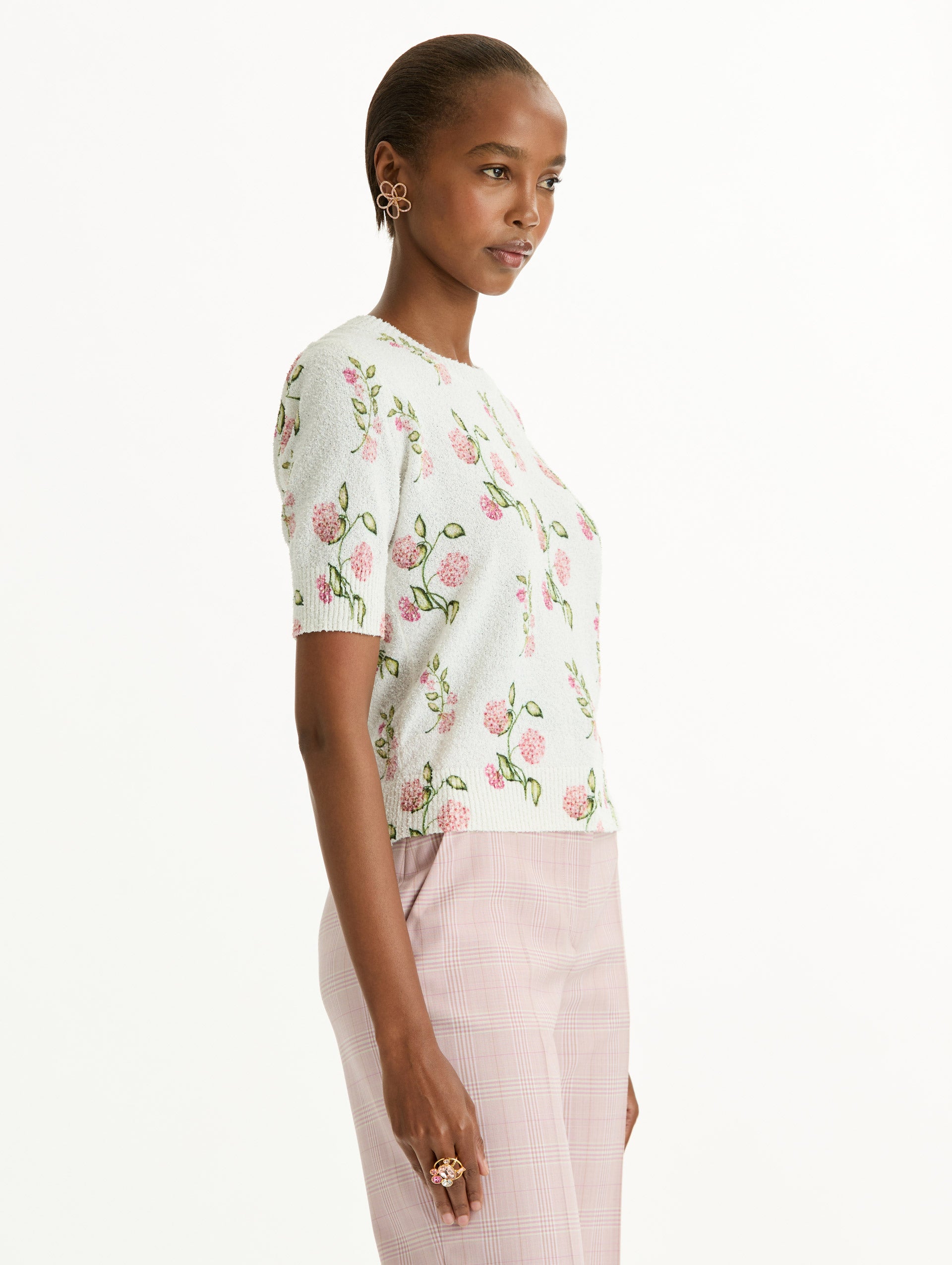 Porcelain Flower-Printed Embroidered White, Crew Neck Pullover. Side View. 