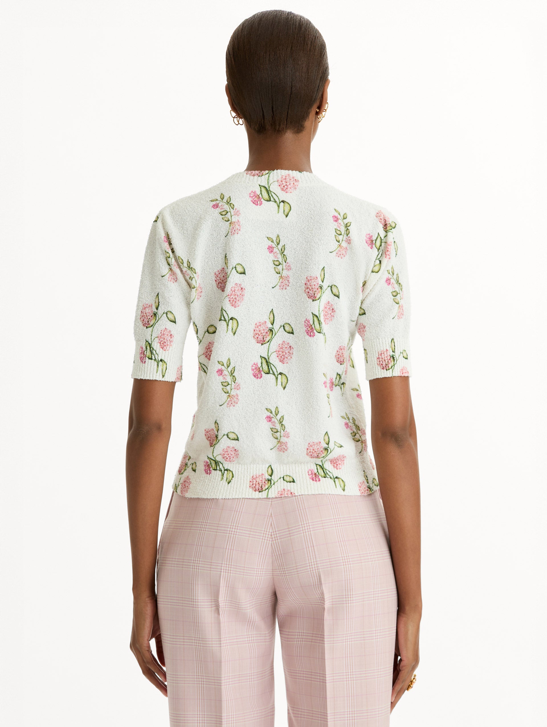 Porcelain Flower-Printed Embroidered White, Crew Neck Pullover. Back View. 