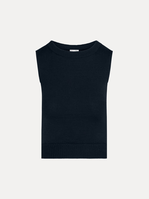 Knit tank top in the color Black with ribbed trim and neckline.