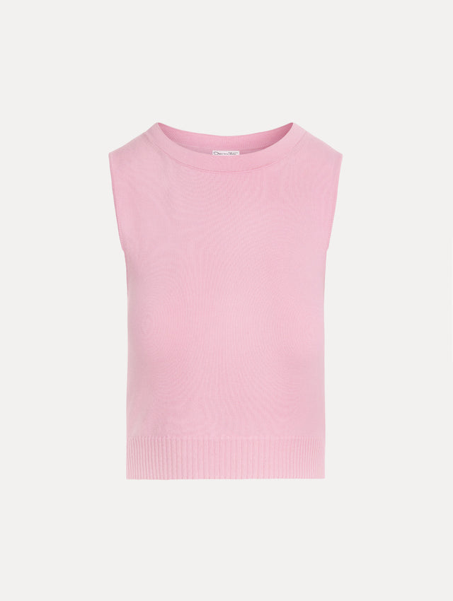 Knit tank top in the color Light Pink with ribbed trim and neckline.